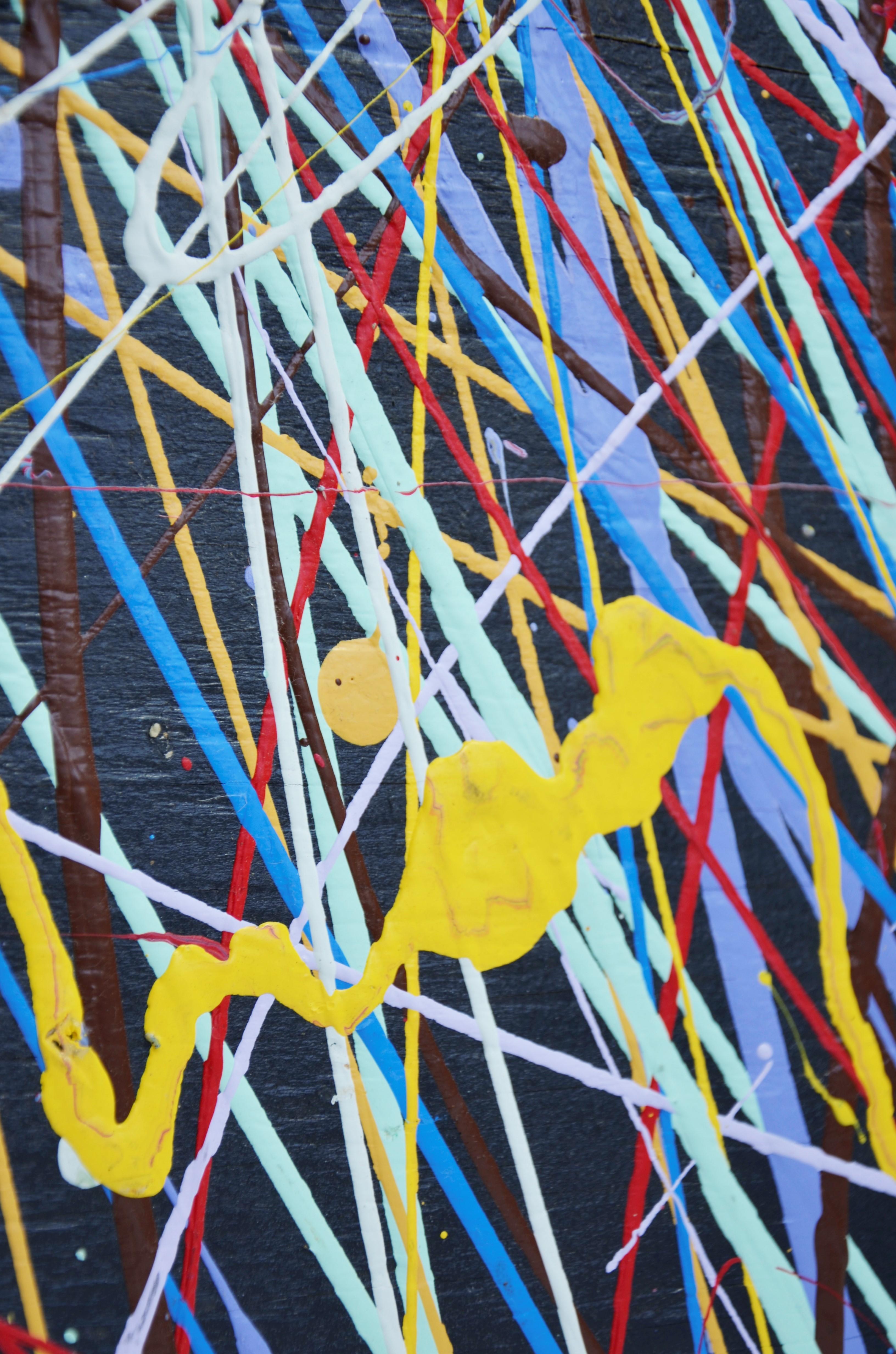 Pollock Style Yellow, Red, Blue & Black Splatter Abstract Oil Painting on Wood For Sale 3