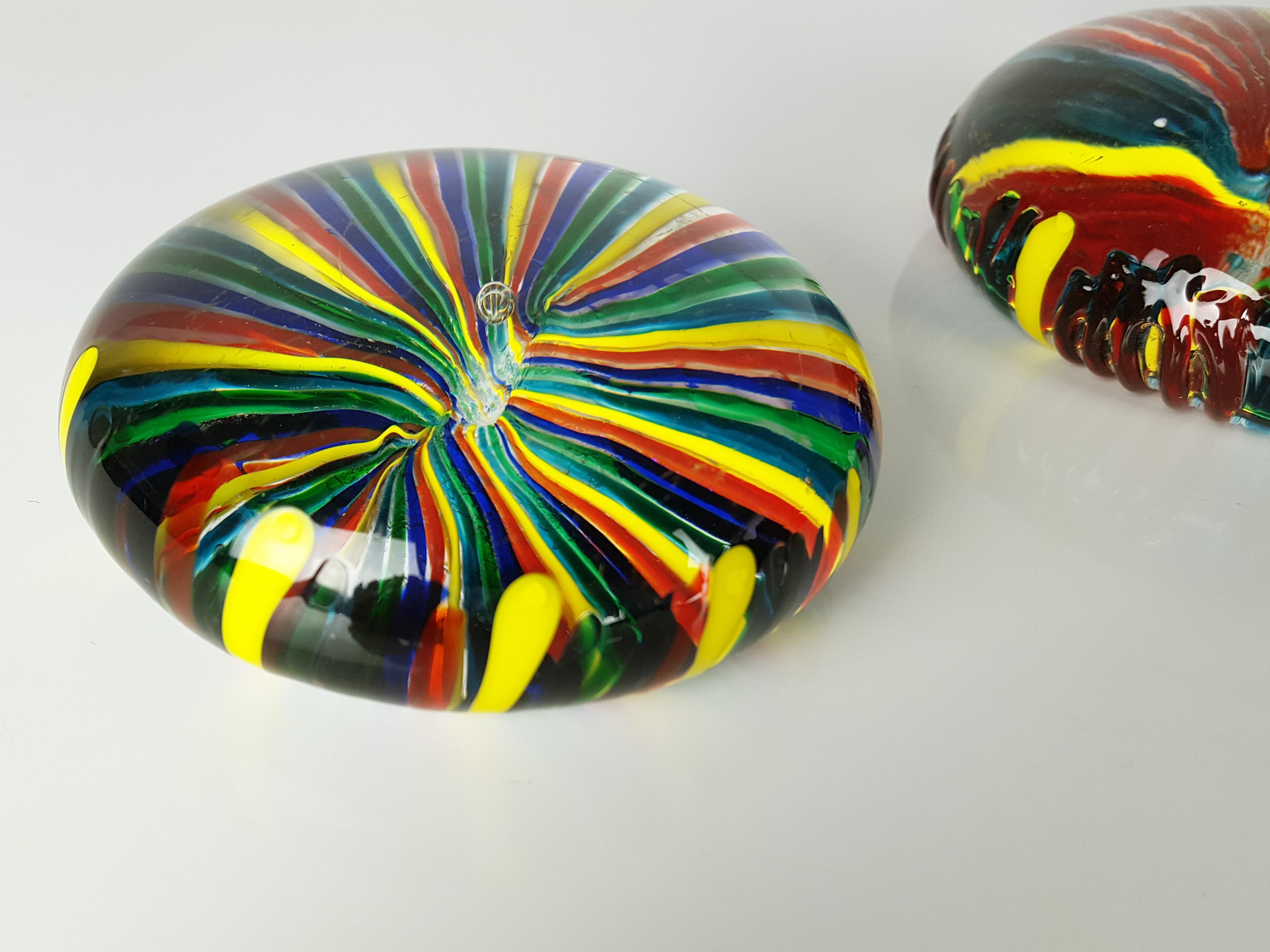 Yellow, Red, Blue, Green, and Teal Murano Glass Paperweights, 1970s, Set of 2 For Sale 3