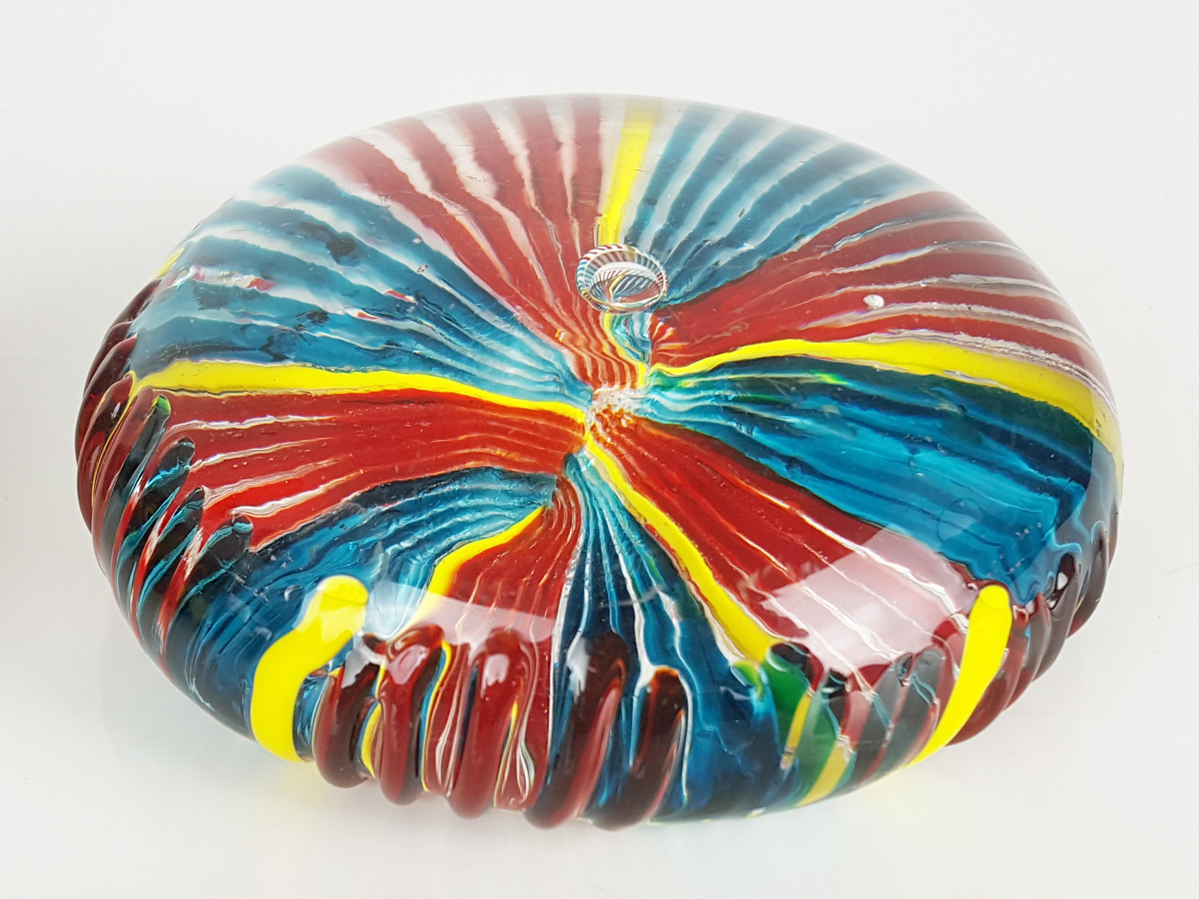 Space Age Yellow, Red, Blue, Green, and Teal Murano Glass Paperweights, 1970s, Set of 2 For Sale