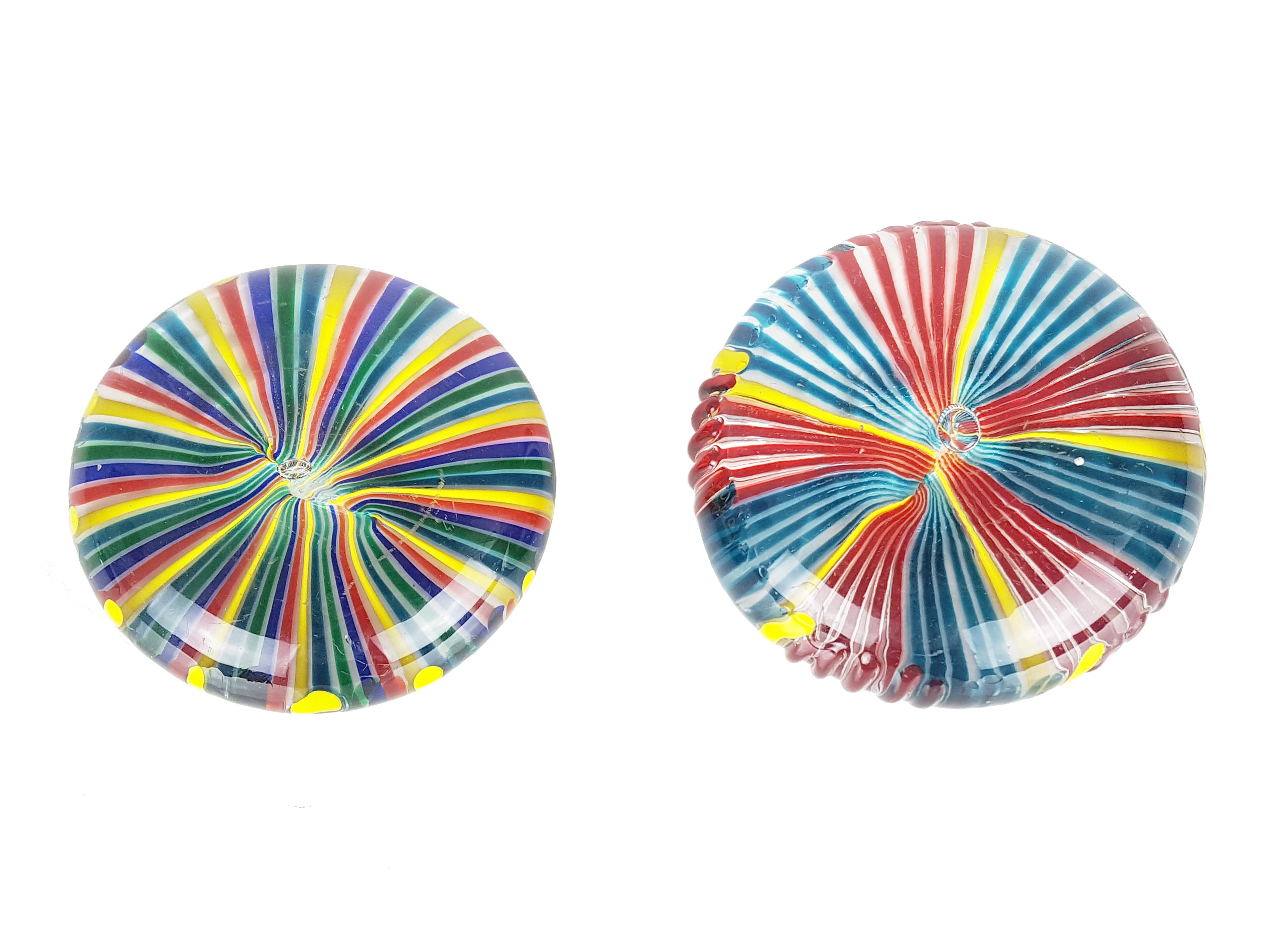 Yellow, Red, Blue, Green, and Teal Murano Glass Paperweights, 1970s, Set of 2 In Good Condition For Sale In Varese, Lombardia