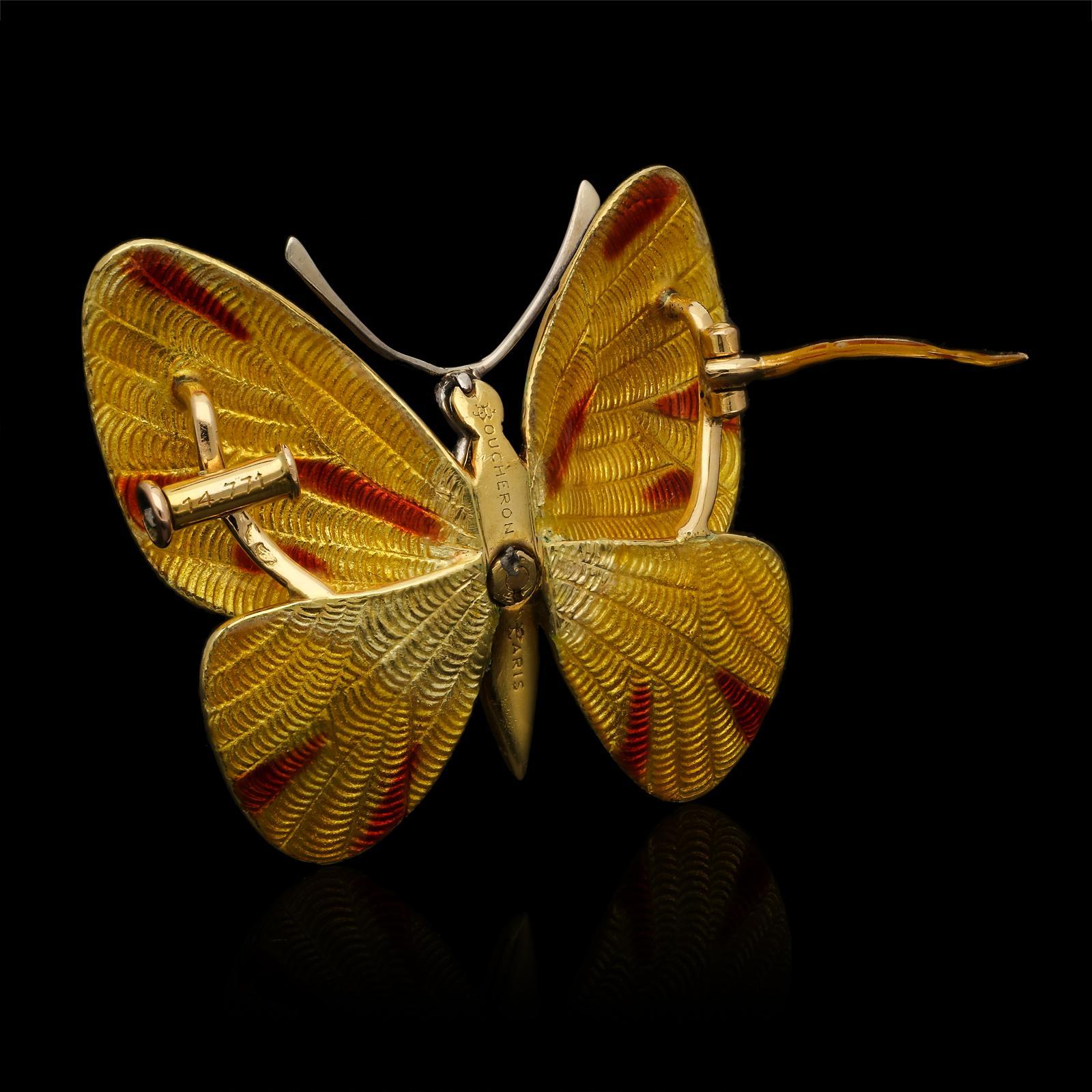 Women's or Men's Boucheron Yellow Red Enamel and Diamond Butterfly Brooch Prov. Earl Mountbatten