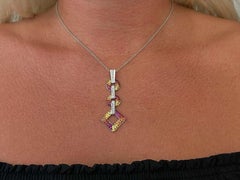 Yellow Red Orange Gemstone and Diamond Drop Pendant Necklace in 14k White Gold