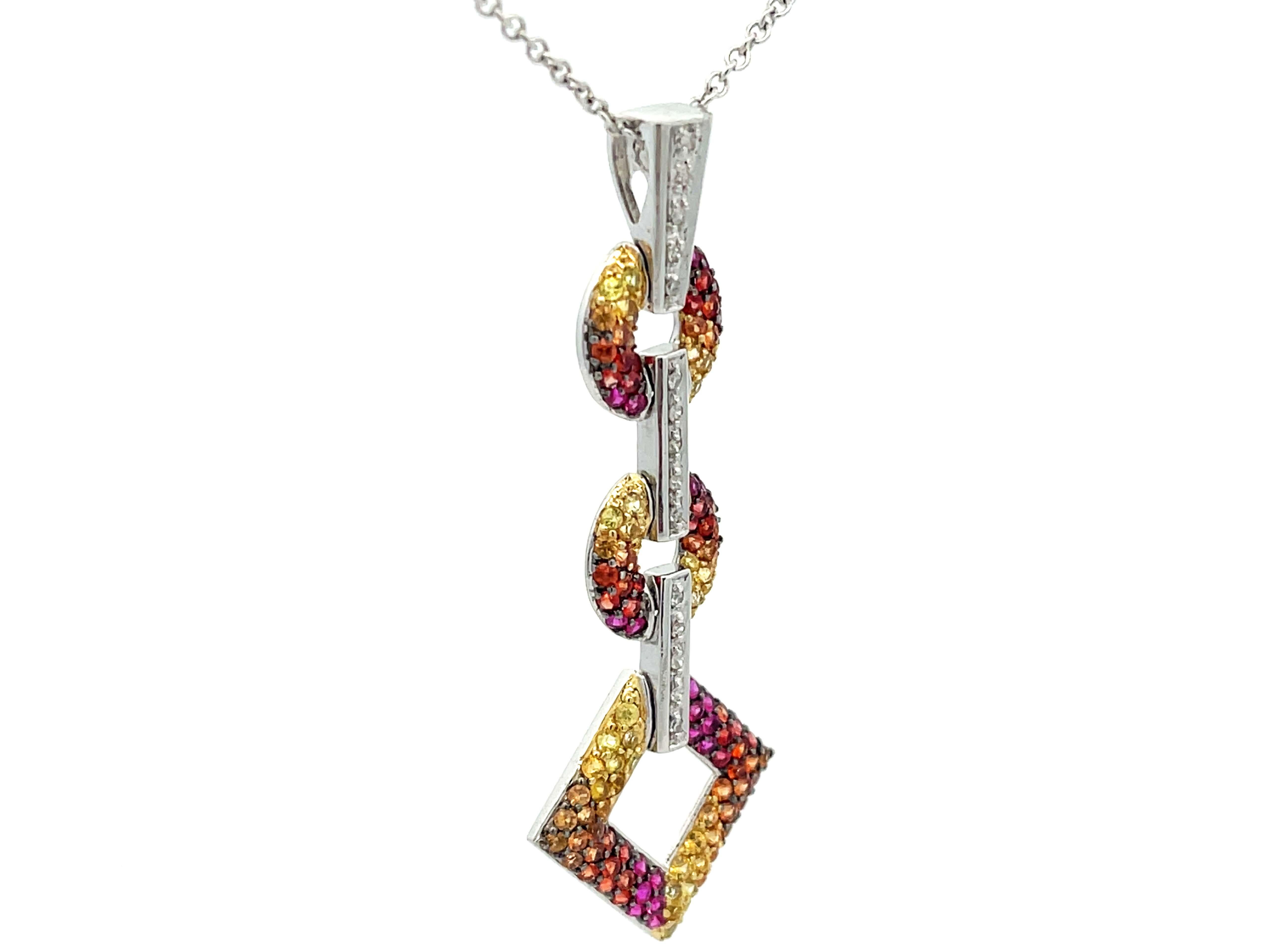 Modern Yellow Red Orange Gemstone and Diamond Drop Pendant Necklace in 14k White Gold For Sale
