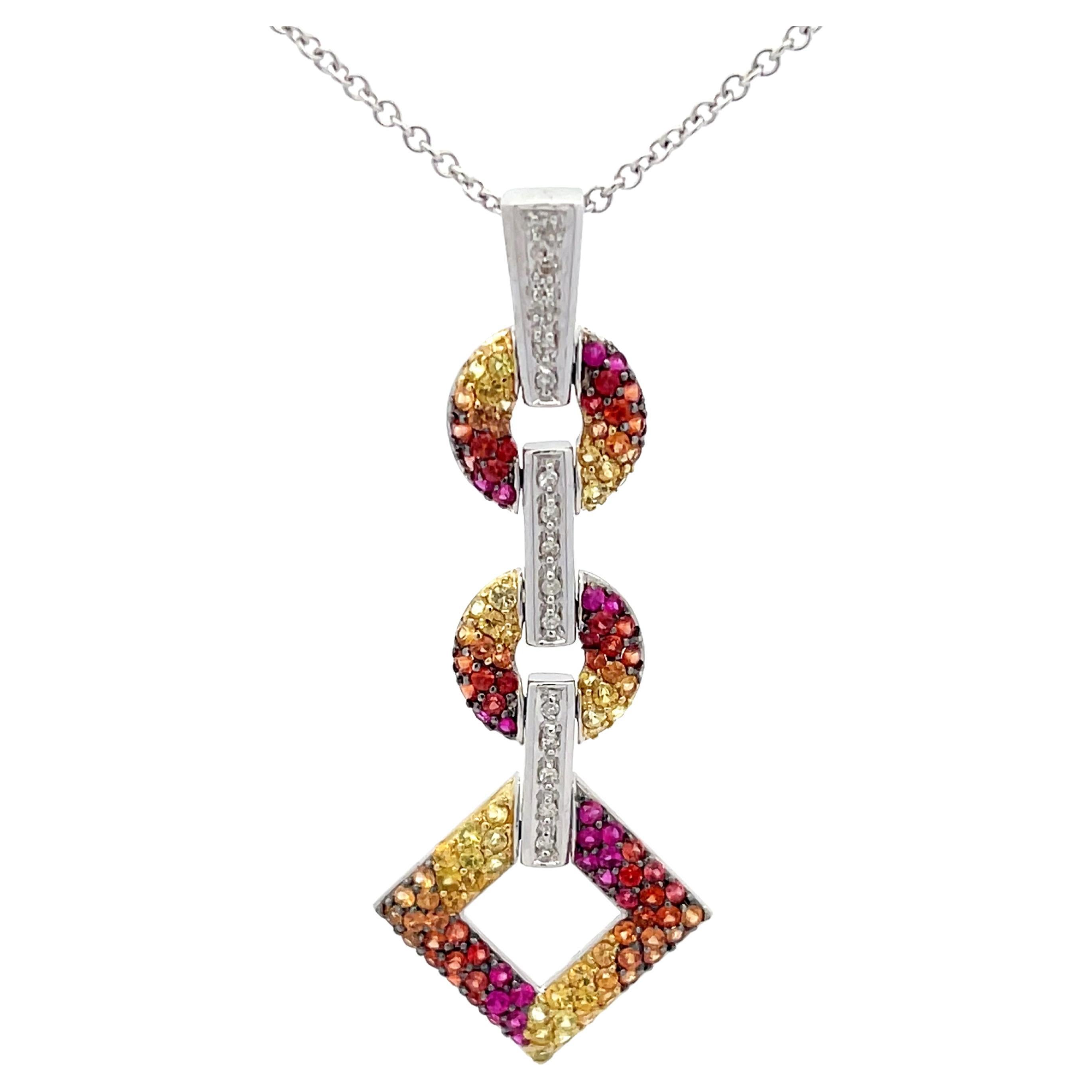 Yellow Red Orange Gemstone and Diamond Drop Pendant Necklace in 14k White Gold For Sale