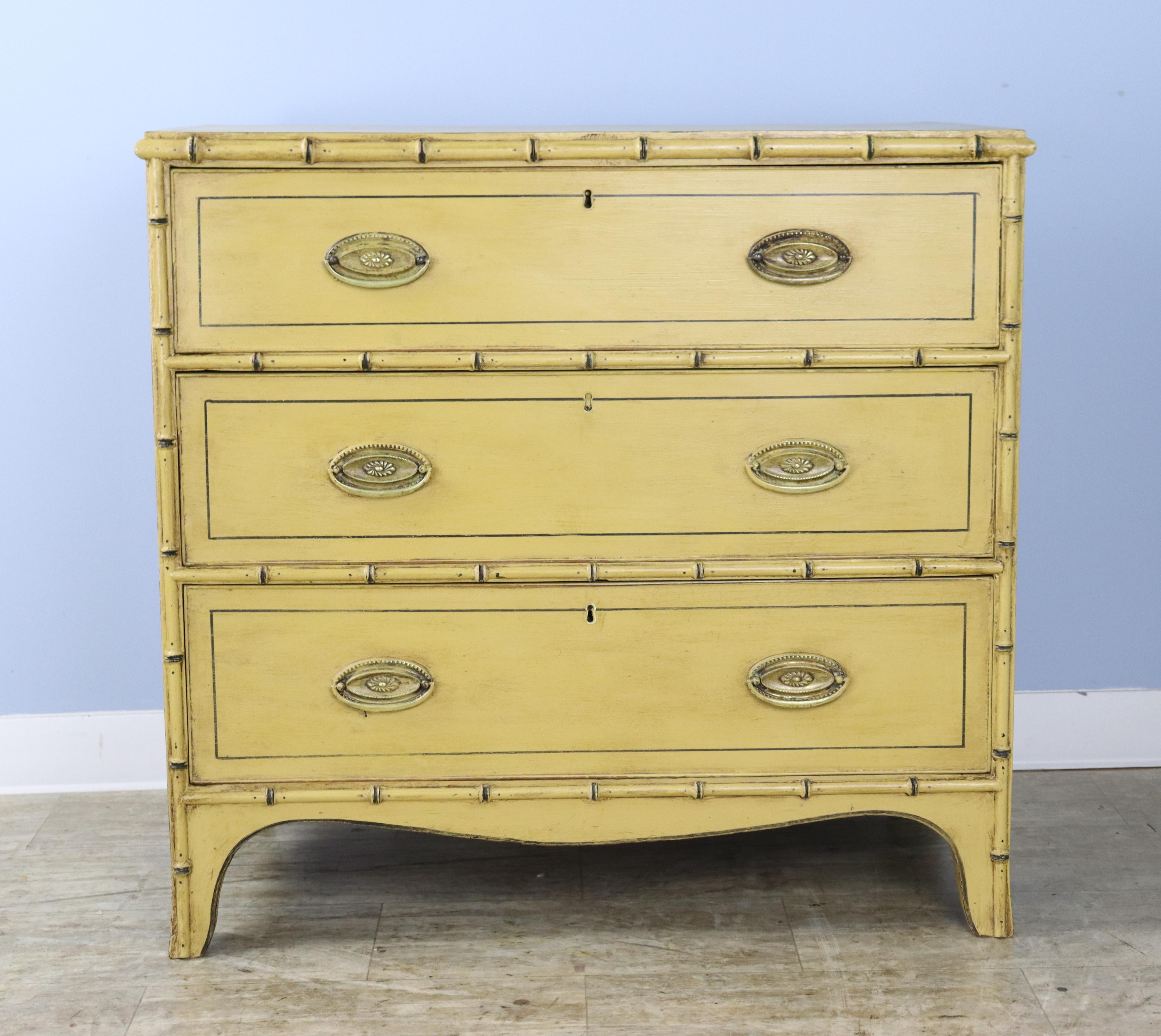English Yellow Regency Faux Bamboo Chest of Drawers For Sale