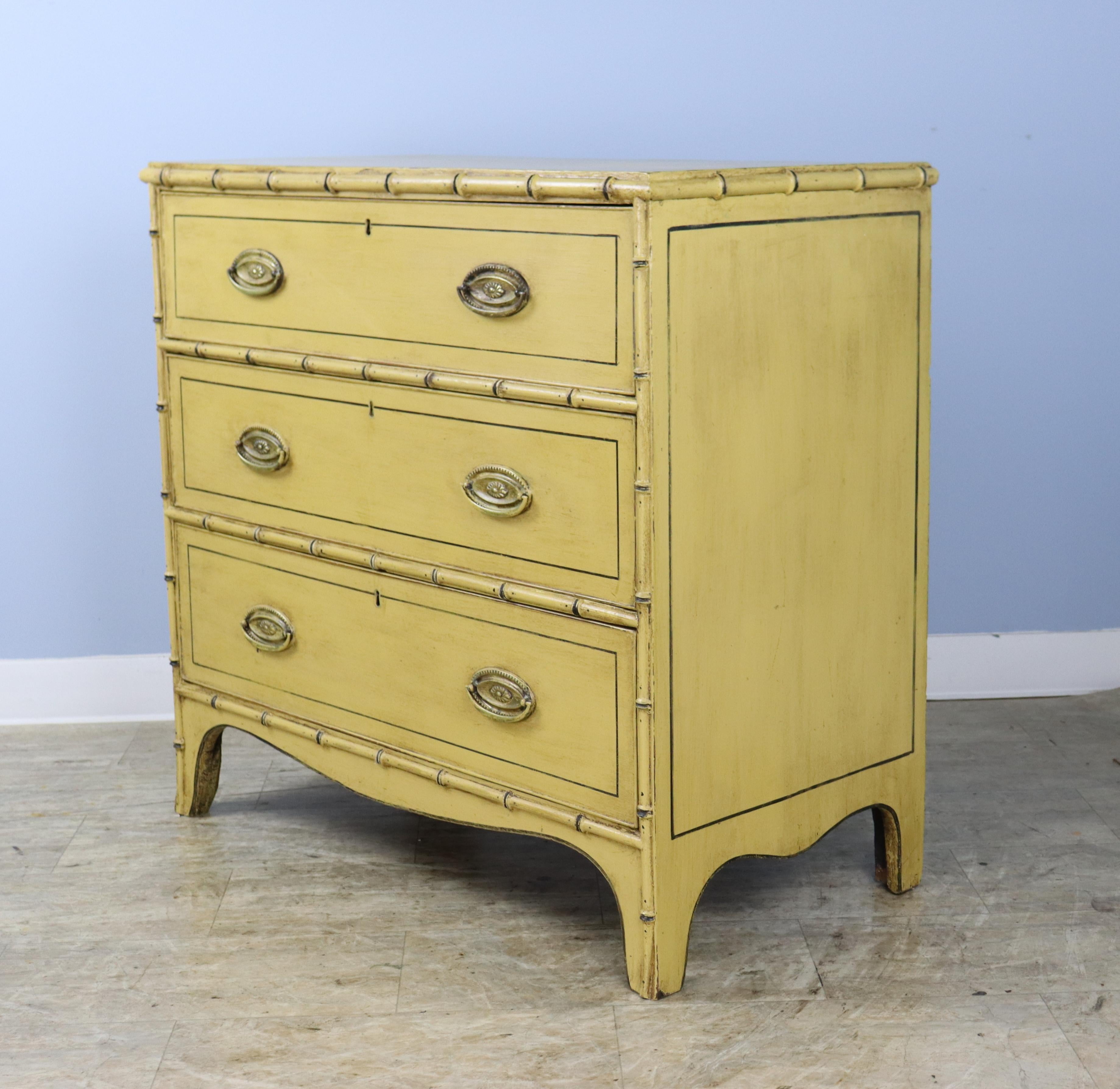 Painted Yellow Regency Faux Bamboo Chest of Drawers For Sale