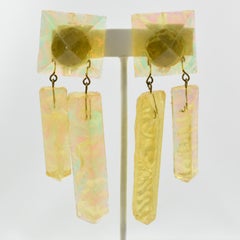 Modernist Pearlized Yellow Resin Dangle Ice Cube Clip Earrings