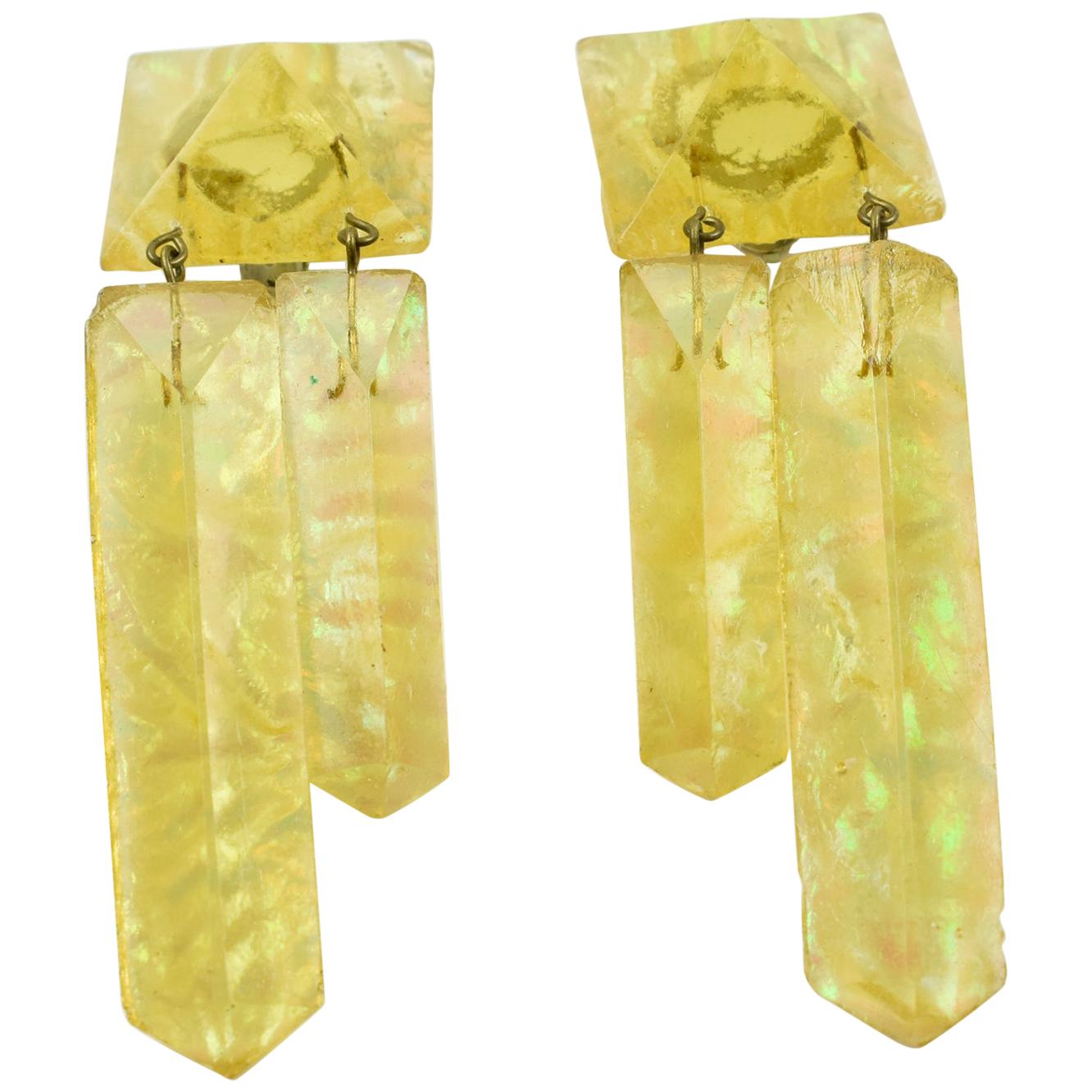 Yellow Resin Dangle Ice Cube Clip Earrings