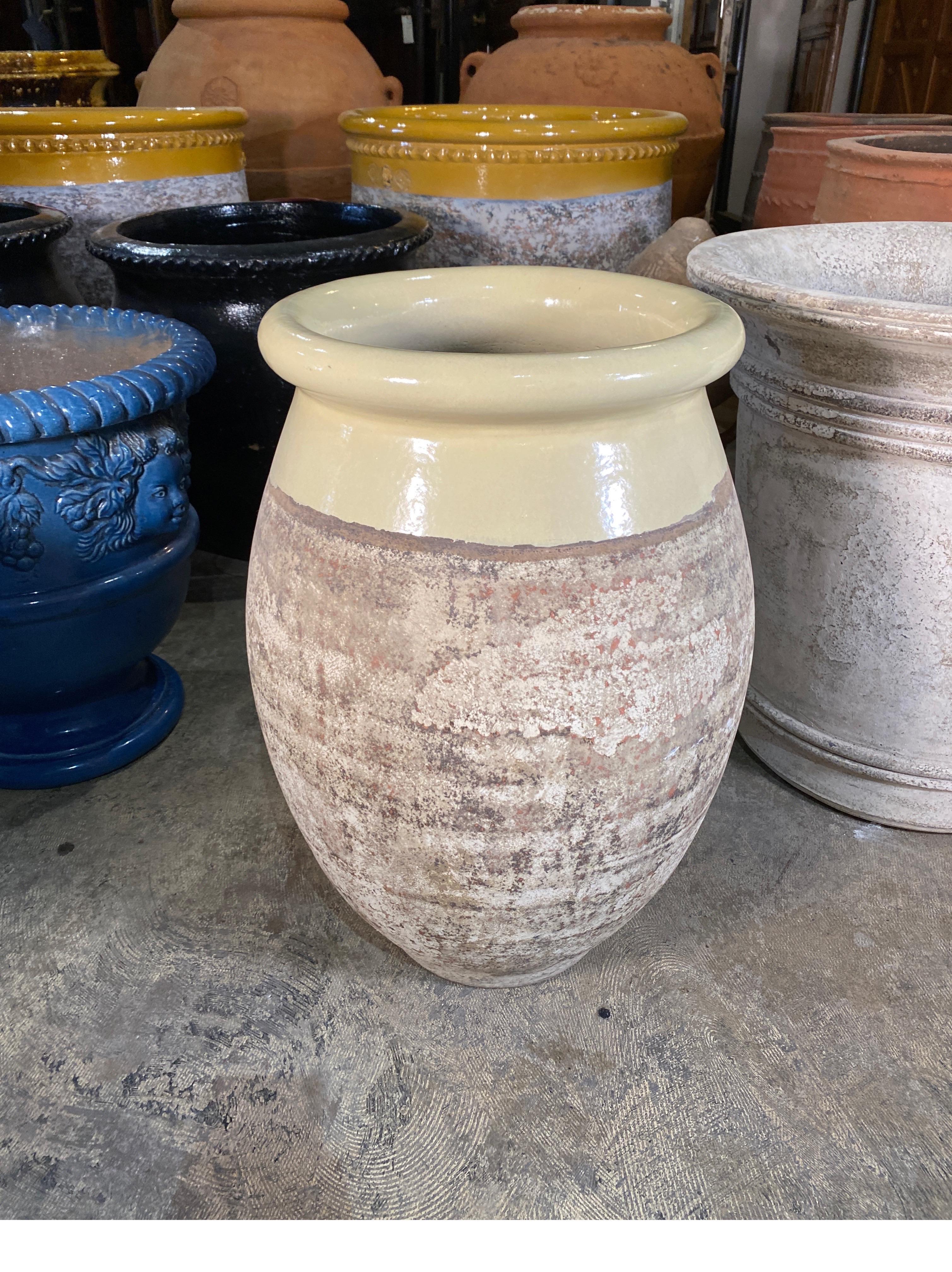 French Yellow Rimmed Terra Cotta Urn