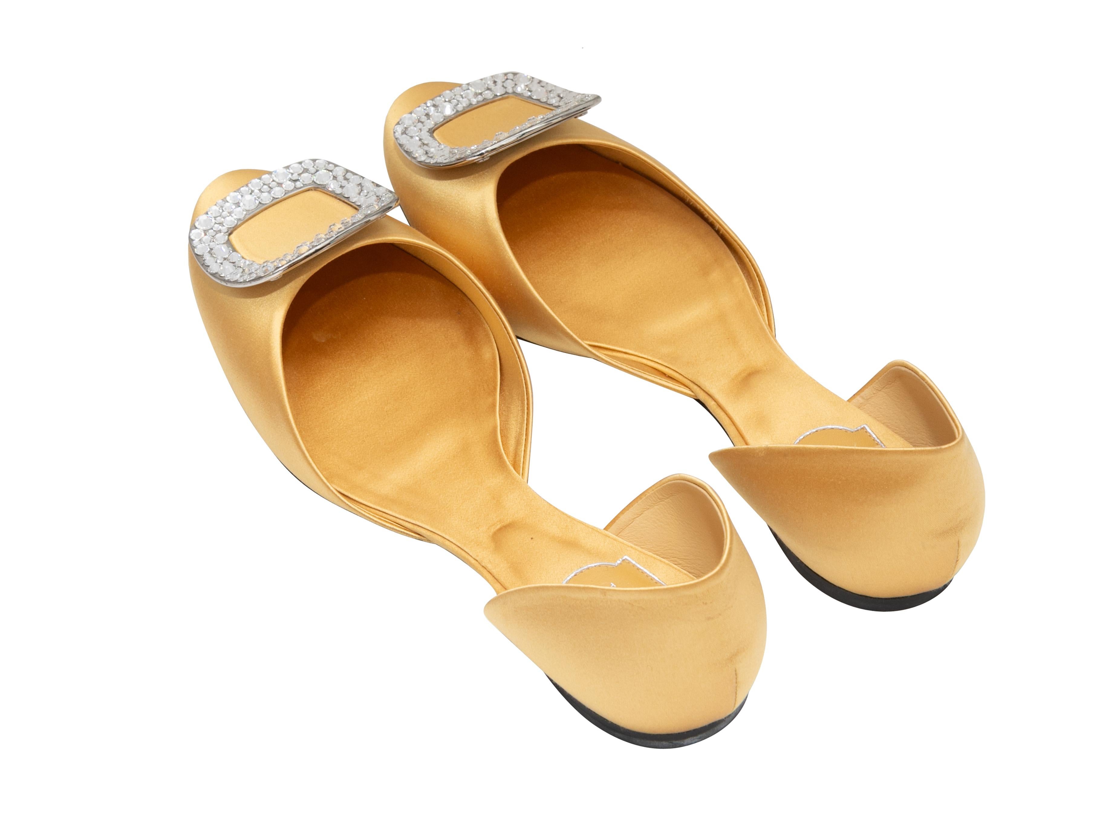 Yellow satin d'Orsay ballet flats by Roger Vivier. Crystal-embellished buckle adornments at toes. 0.25