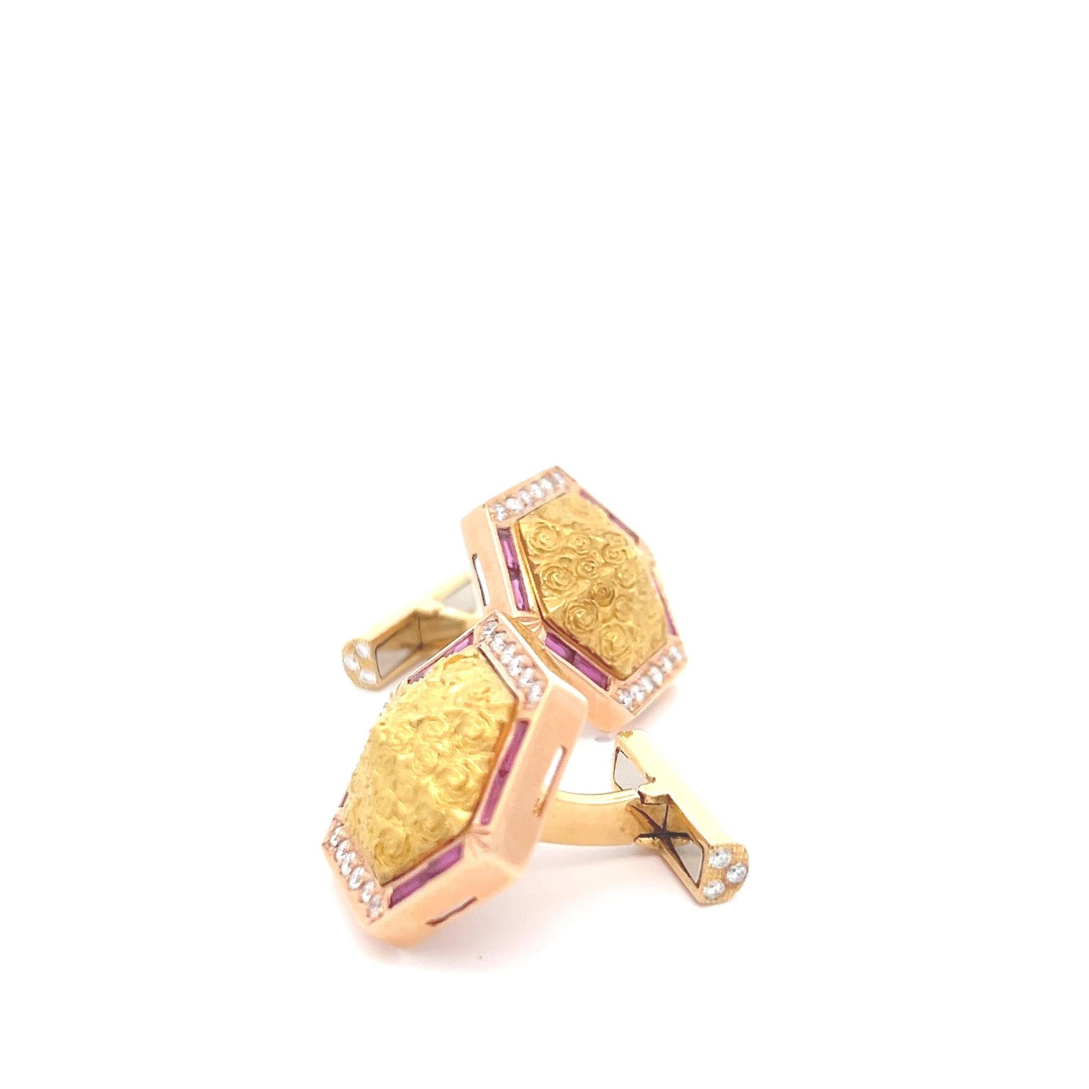 Elevate your ensemble with these opulent cuff links, a harmonious fusion of 20k yellow gold, 18k yellow, and pink gold, adorned with exquisite diamonds and rubies.
Crafted with precision and artistry, these cuff links exude a sense of luxury and