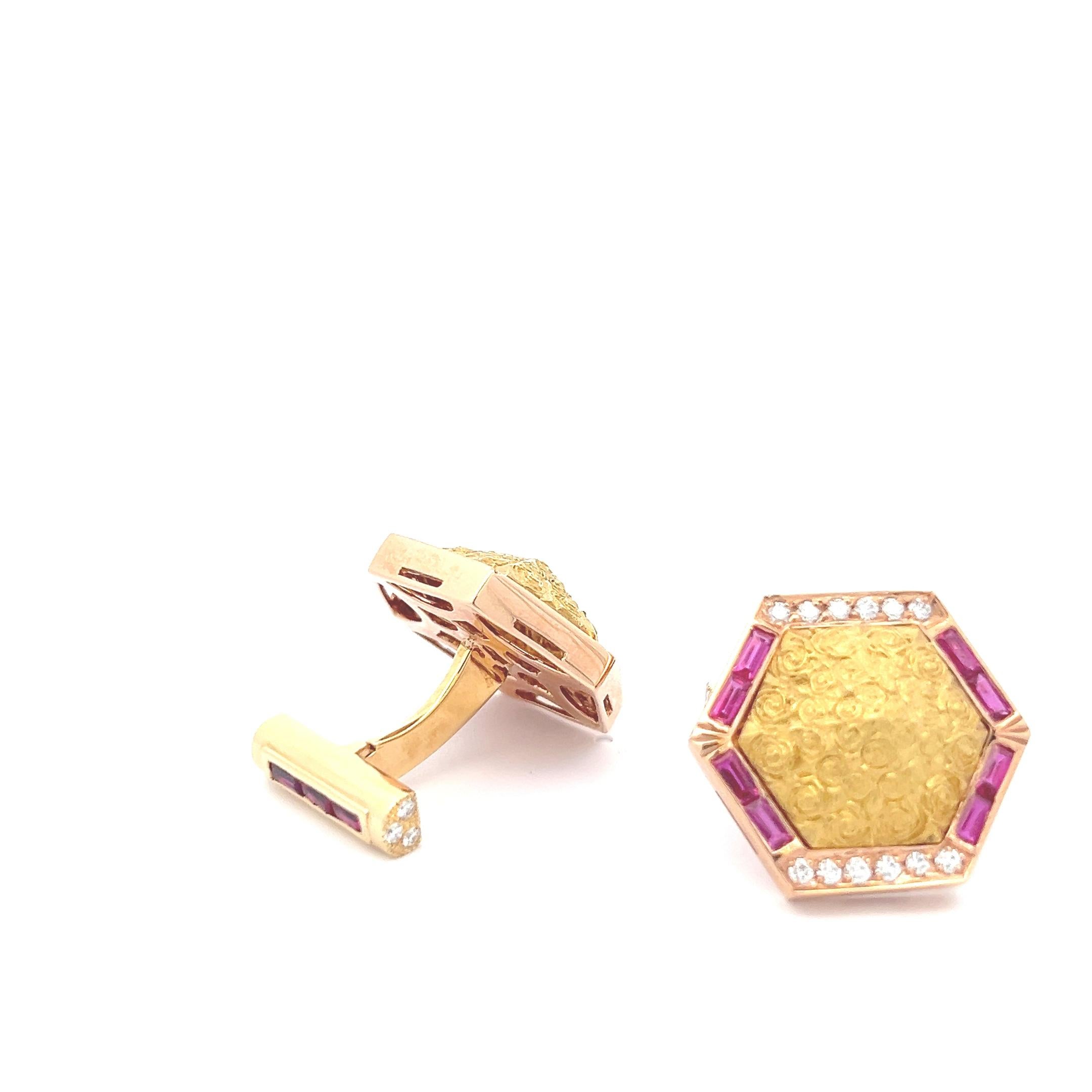 Round Cut Yellow Rose Gold Diamonds Rubies Cufflinks  For Sale