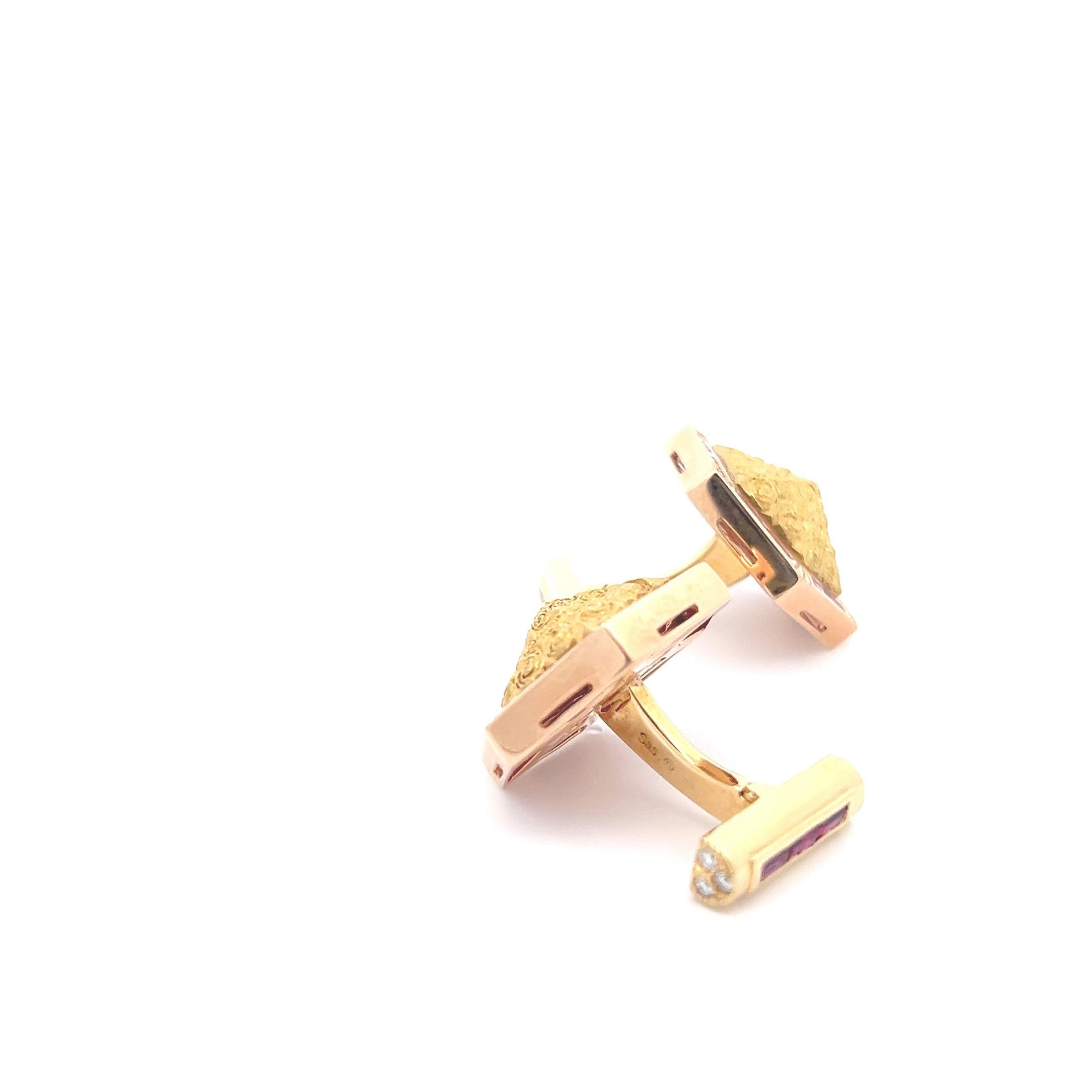 Yellow Rose Gold Diamonds Rubies Cufflinks  In New Condition For Sale In New York, NY