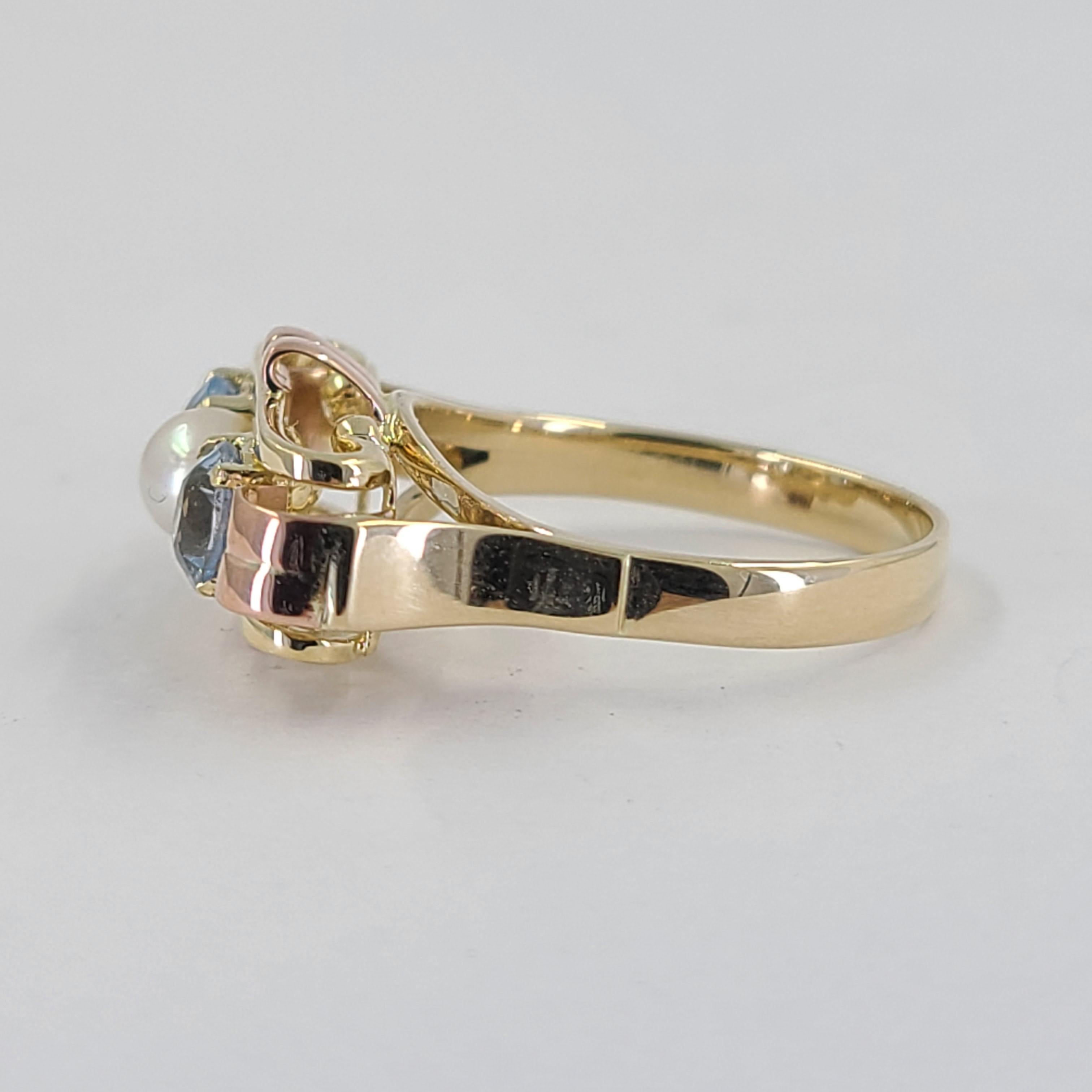 Yellow & Rose Gold Retro Aquamarine & Pearl Ring In Good Condition In Coral Gables, FL