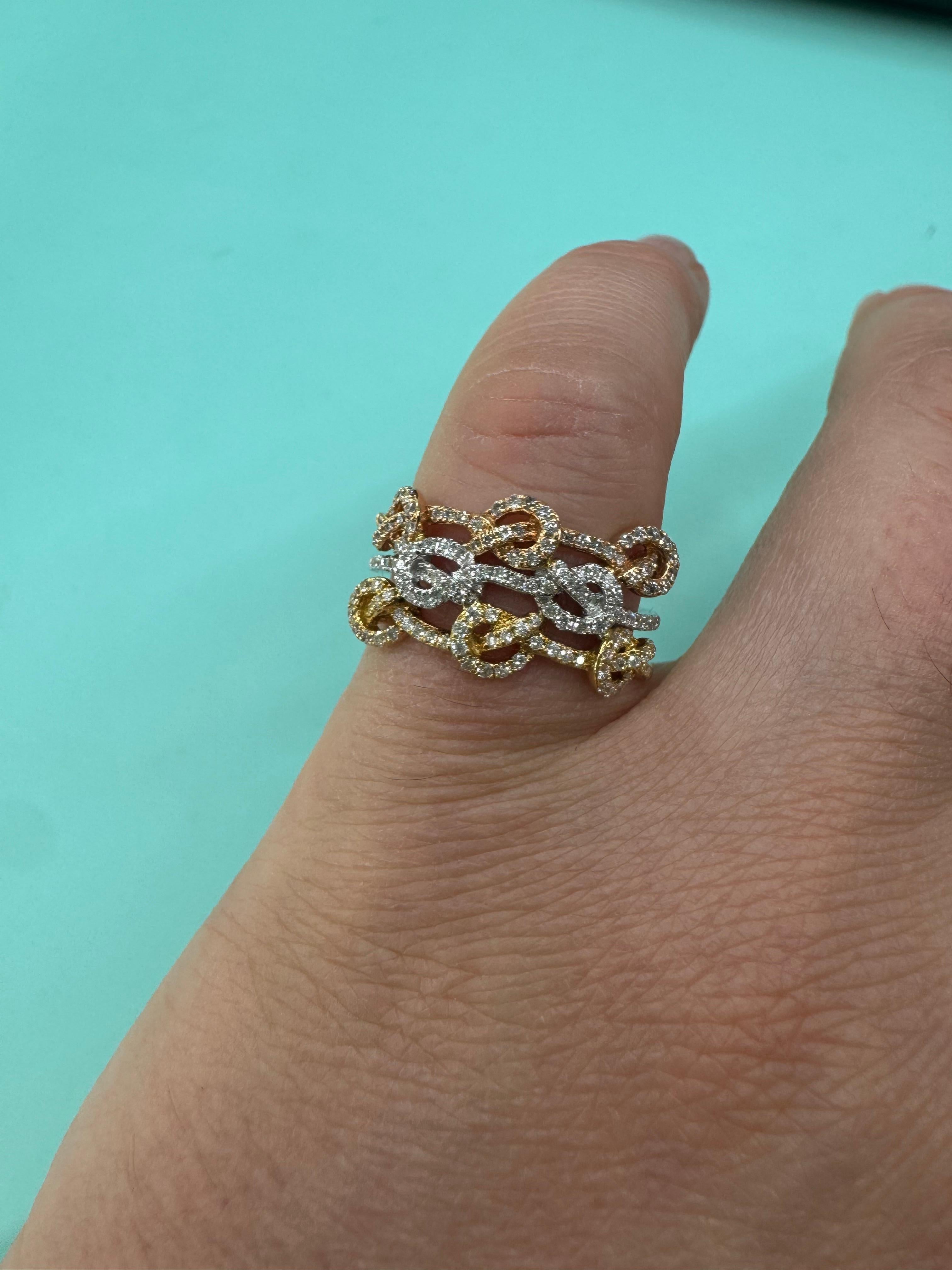 Round Cut 18 Karat Tri Color Yellow Rose White Gold Diamond Knot Band Ring 0.49 Carats For Sale