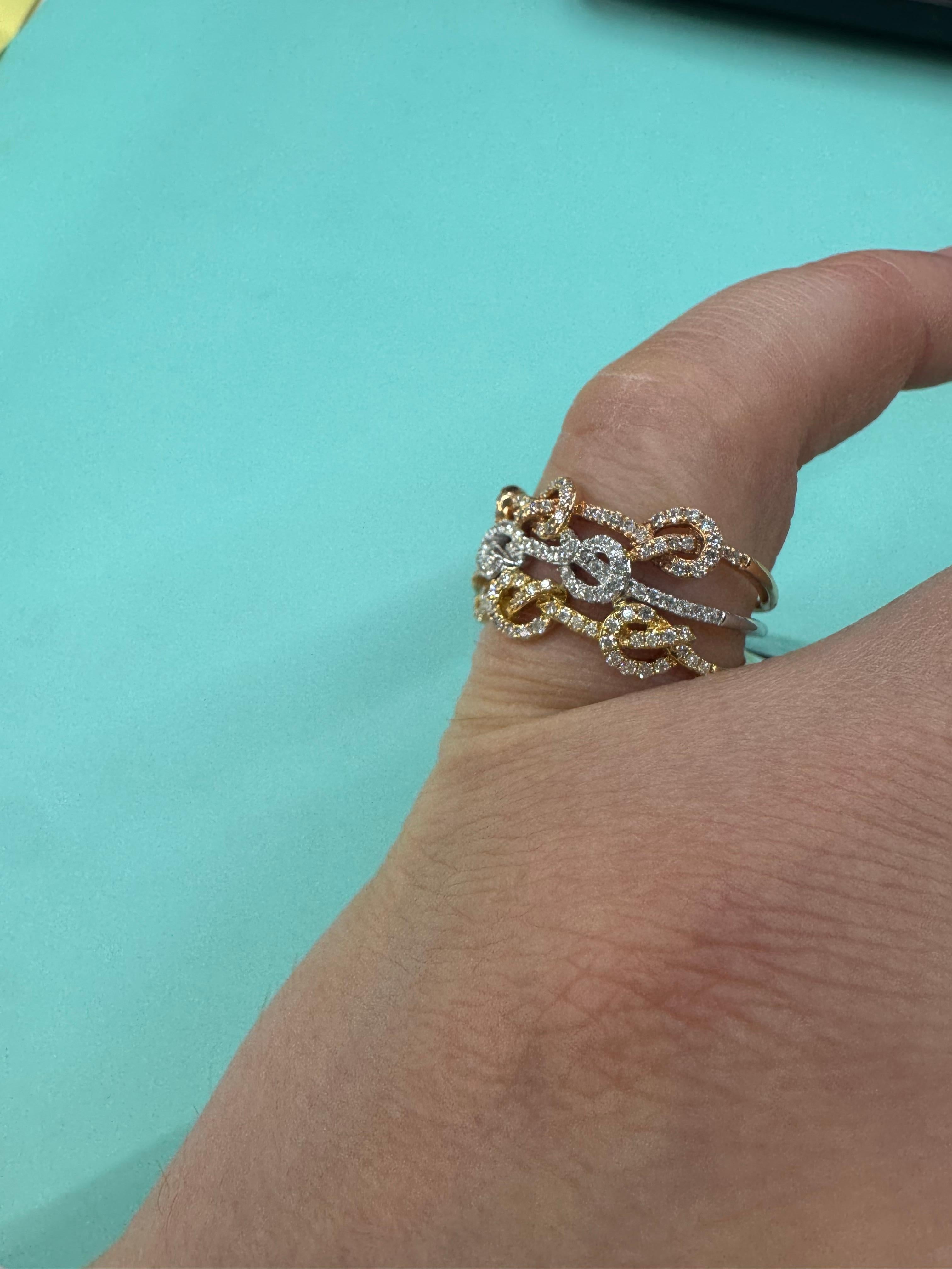 18 Karat Tri Color Yellow Rose White Gold Diamond Knot Band Ring 0.49 Carats In New Condition For Sale In New York, NY