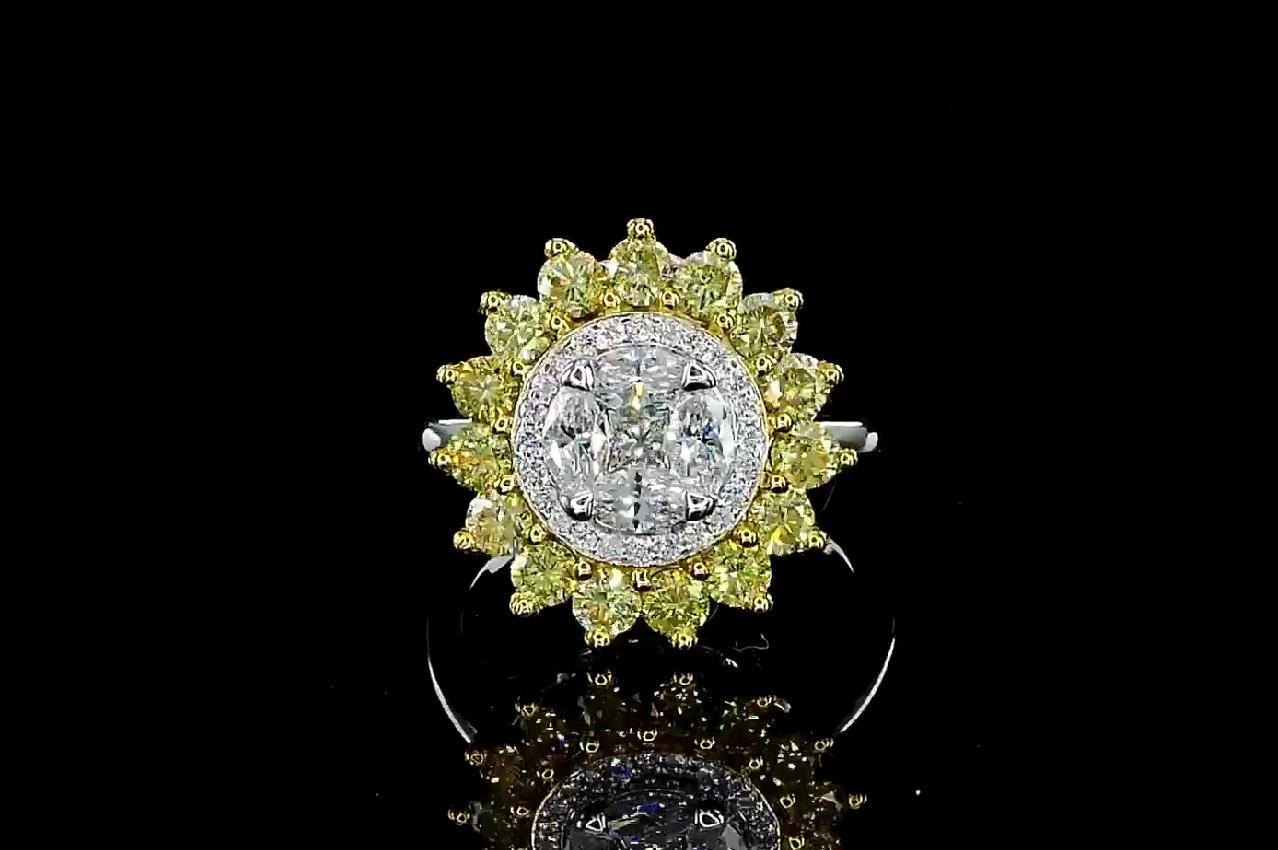 18kt white gold ring with diamonds
  
  Gold colour & karat: White gold 18kt
  Weight: 5.65 grams
  
  Set with-
  Stone type: Diamonds
  Shape: Round
  Carat: 1.02 (15 Pcs )
  Colour: Yellow
  Clarity: -
  
  Surrounding Stones: Diamonds
 1) White
