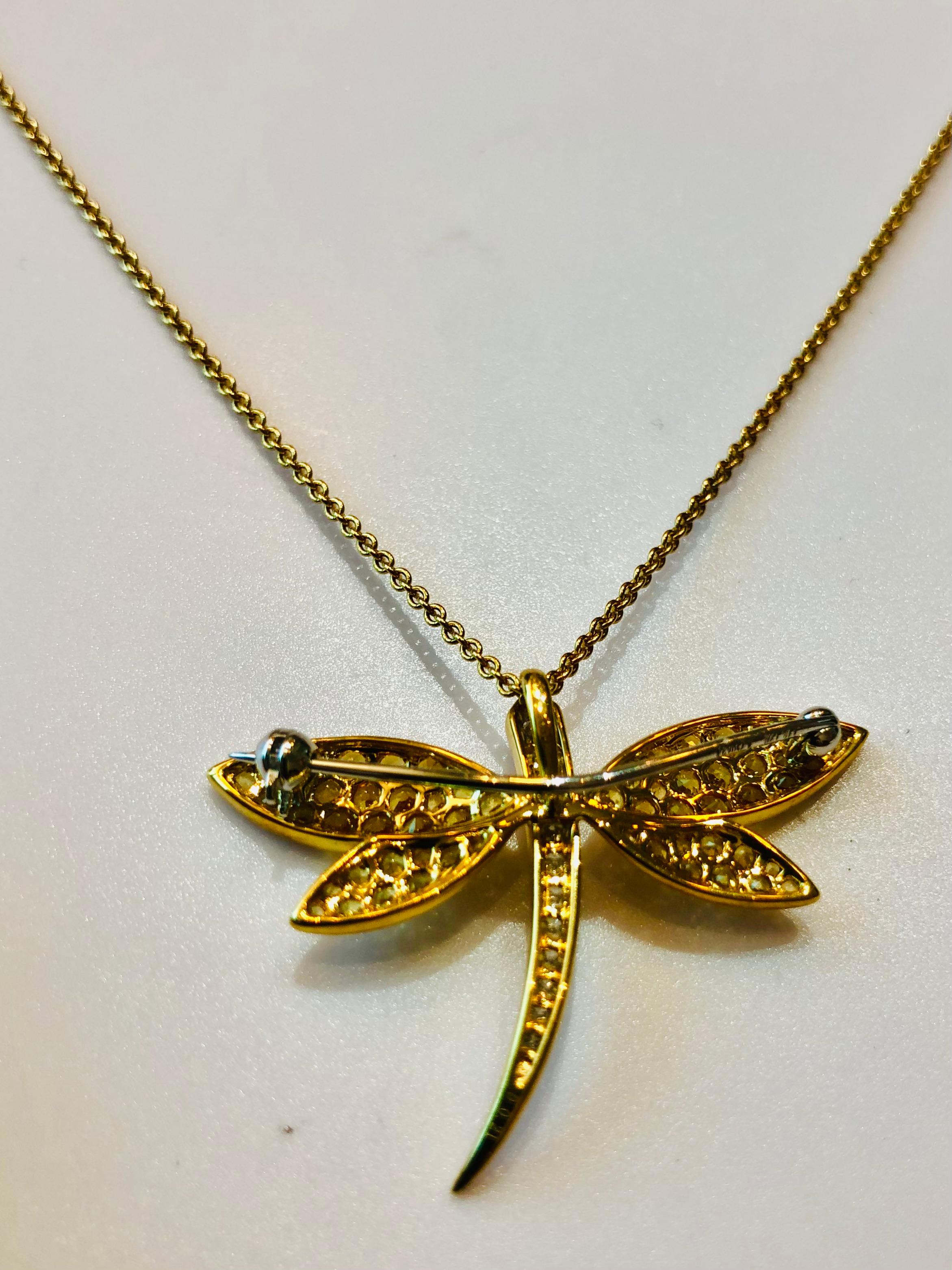 Crisscut Yellow Saphires and Diamonds Dragonfly Pendant Brooche Necklace in 18k Gold For Sale