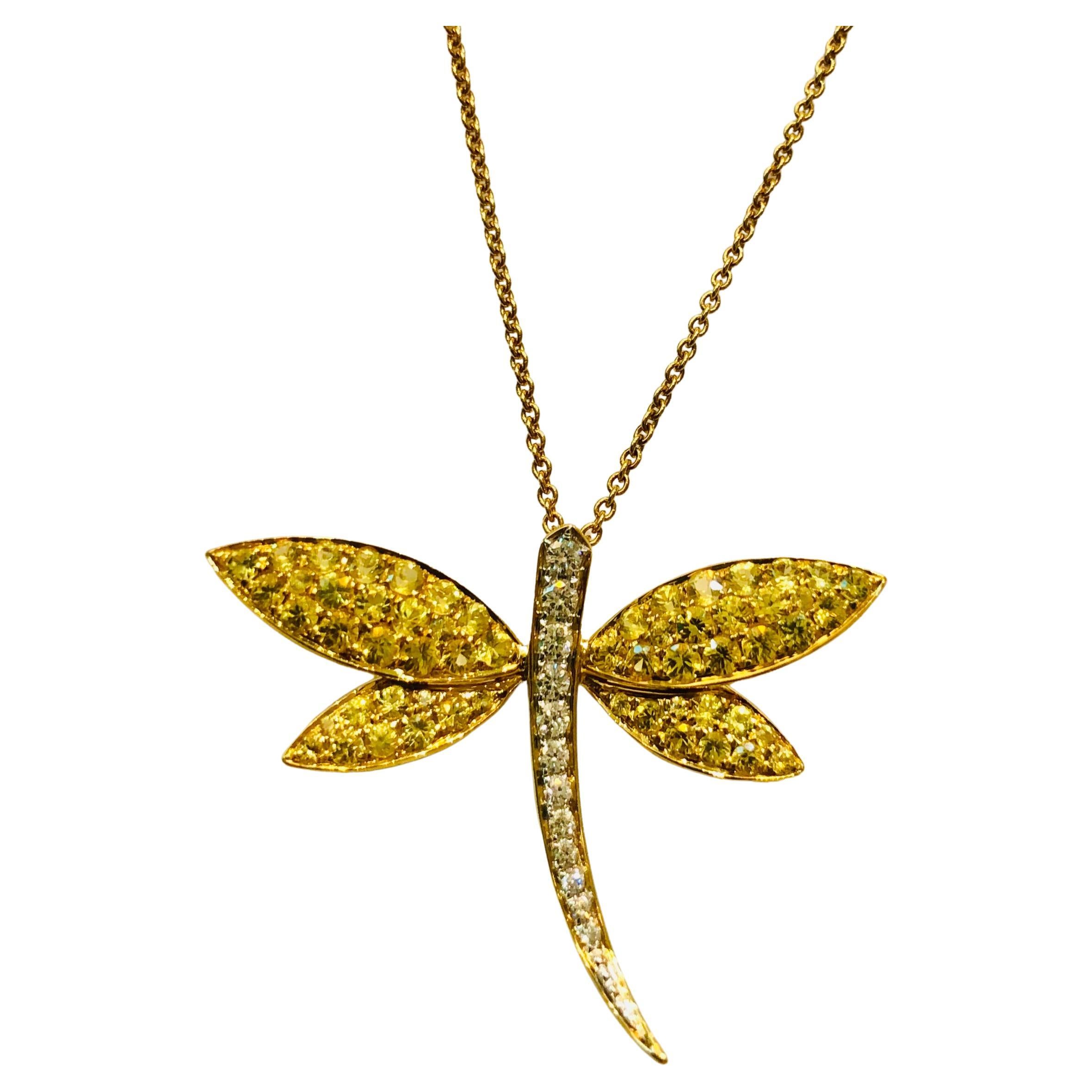 Gelbe Saphire und Diamanten Libellen-Anhänger Brooche Halskette aus 18 Karat Gold