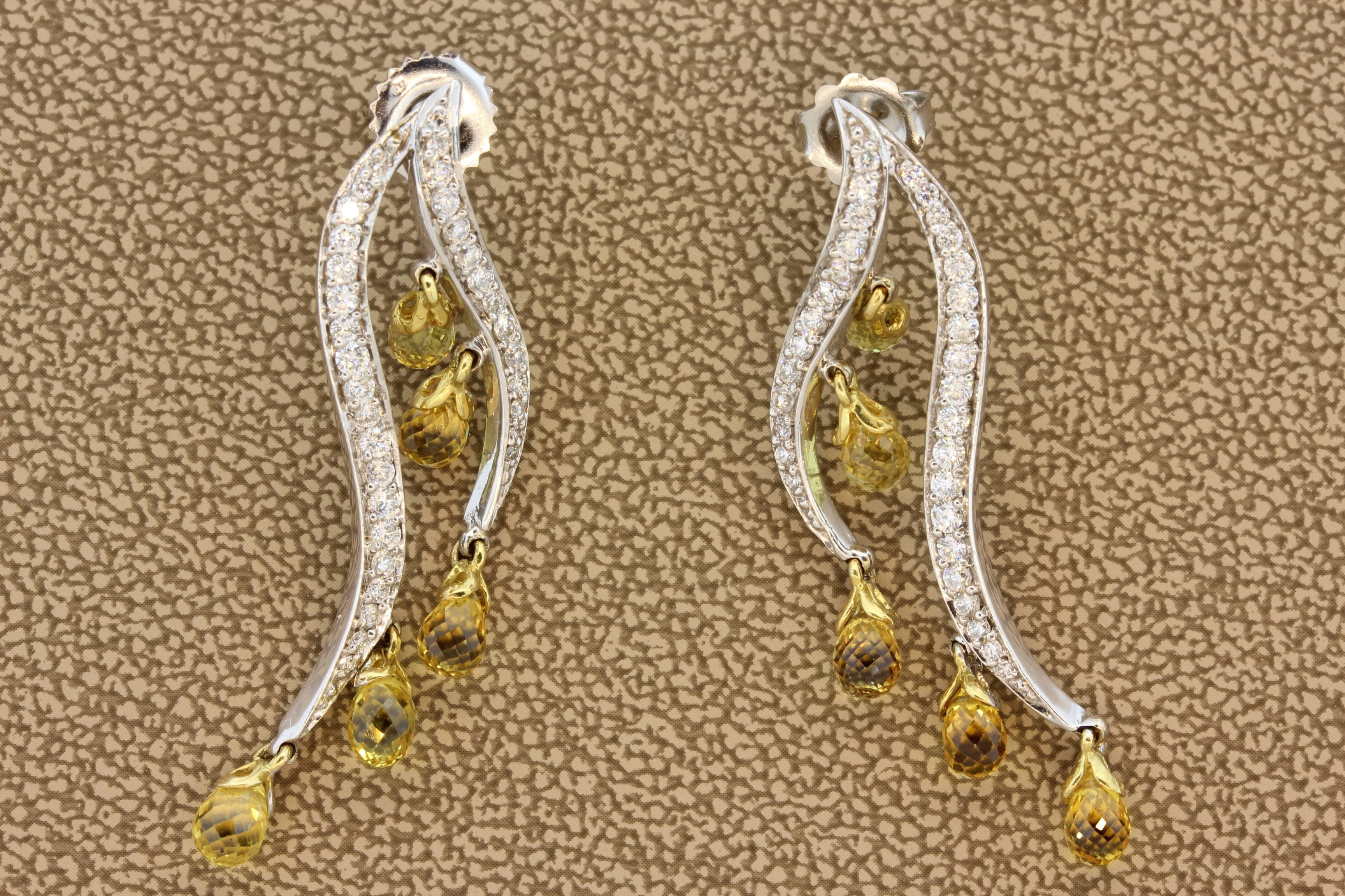 Contemporary Yellow Sapphire Diamond Gold Dangle Earrings 