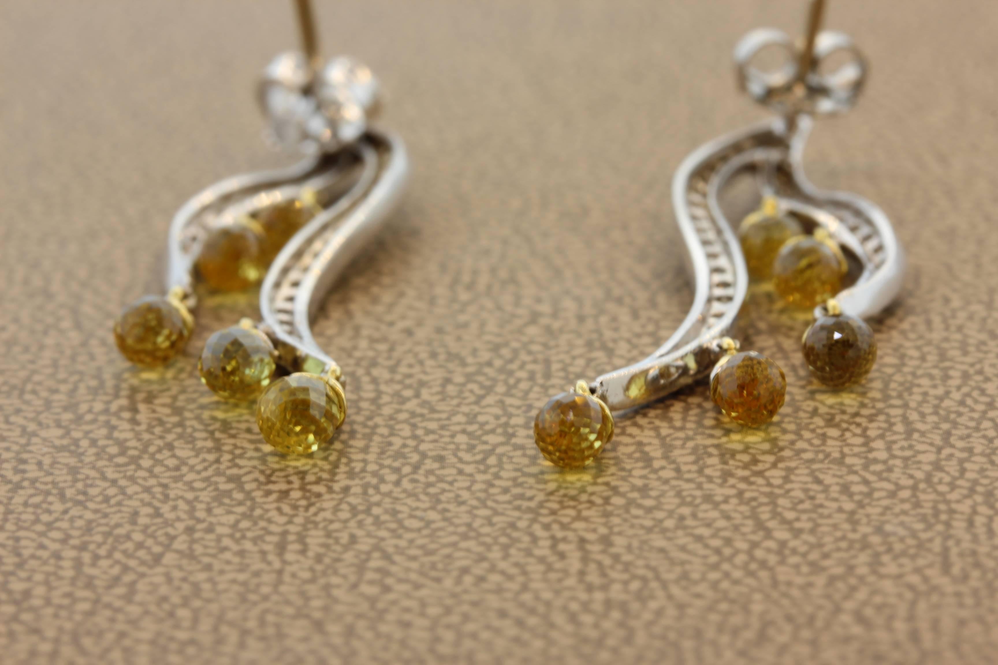 Yellow Sapphire Diamond Gold Dangle Earrings  In New Condition In Beverly Hills, CA