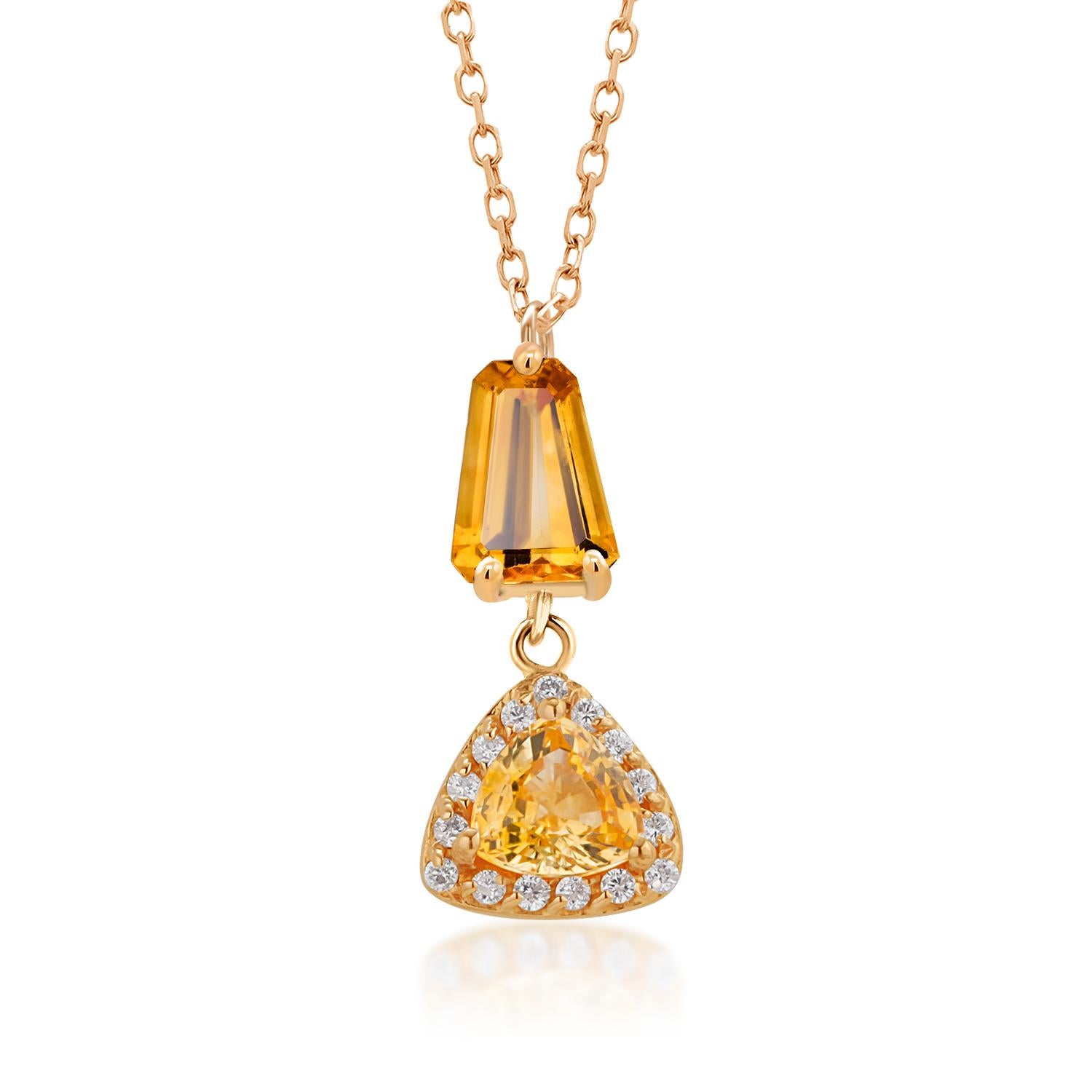 Fancy Shaped Yellow Sapphire Diamond 2.45 Carat 14 Karat Gold 17 Inch Pendant  For Sale 2