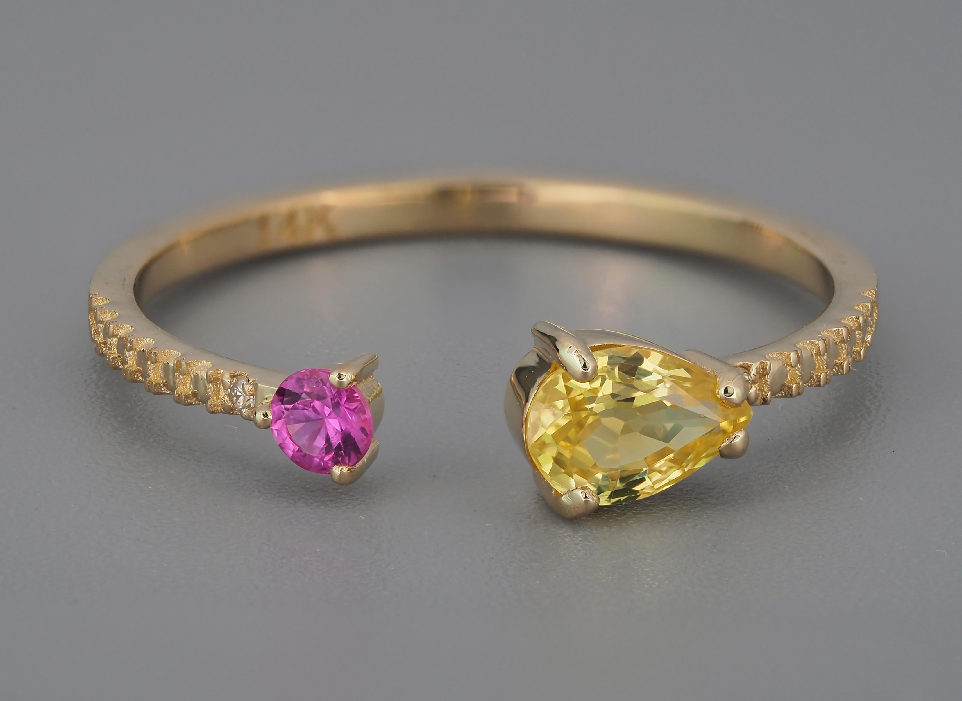 Yellow sapphire 14k gold ring. 
Pear sapphire gold ring. Genuine sapphire ring. Opened ended ring. Tiny sapphire ring. Delicate sapphire ring.

Weight: 1.3 g. depends from size.
Gold - 14k gold.

Central stone: Sapphire
Cut: pear
Weight: aprx 0.6