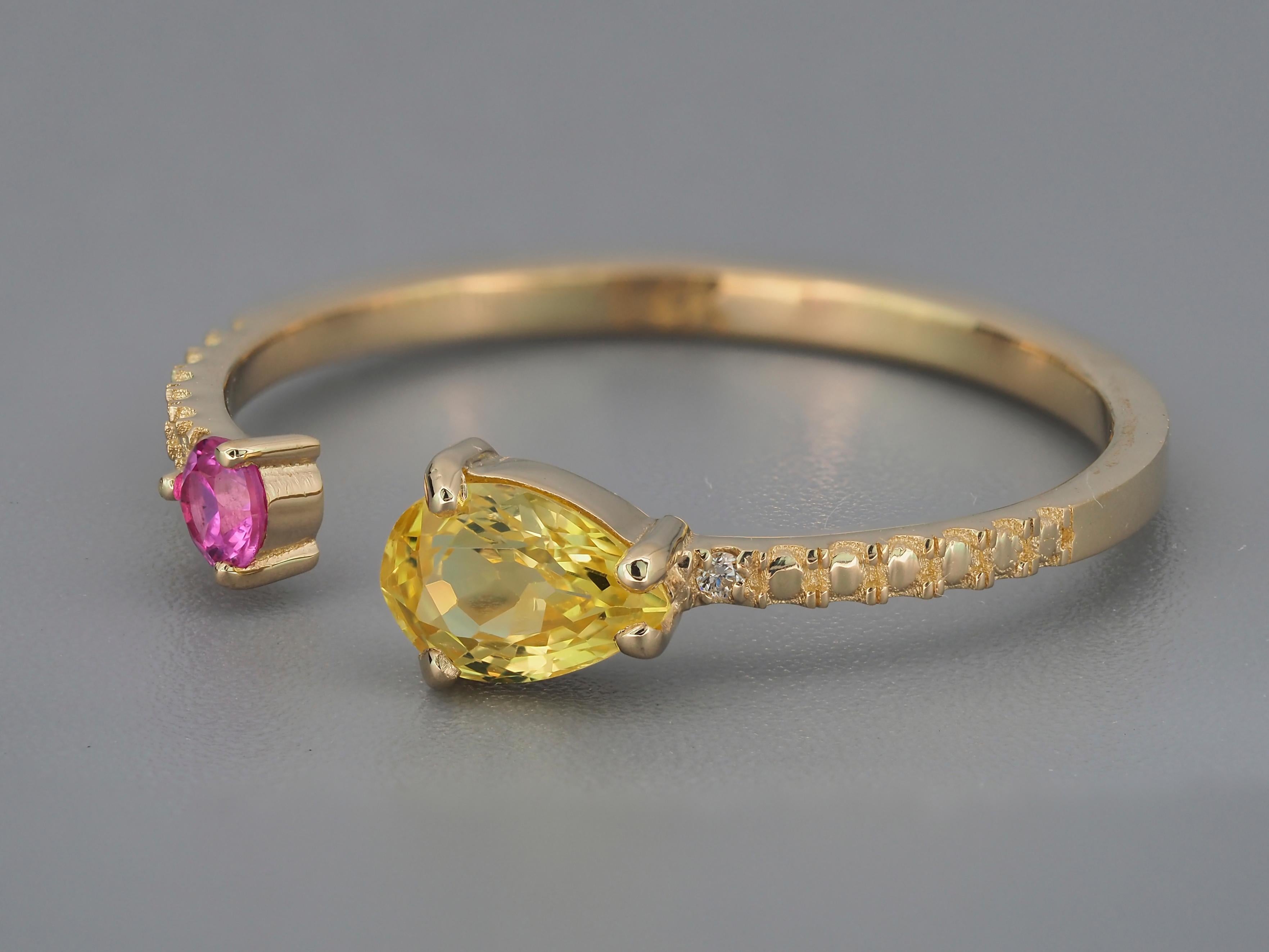 Pear Cut Yellow sapphire 14k gold ring. 