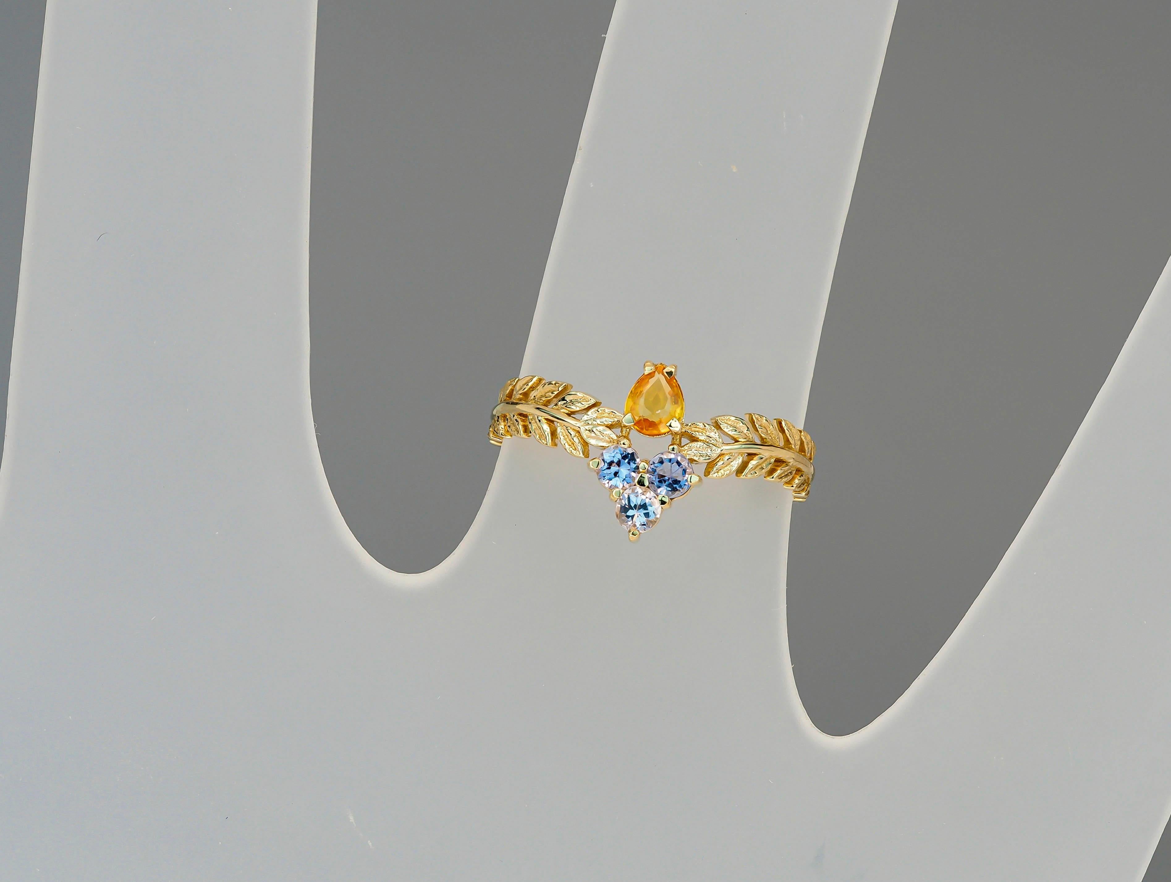 For Sale:  Yellow Sapphire 14k Gold Ring, Olive Leaves Gold Ring 10