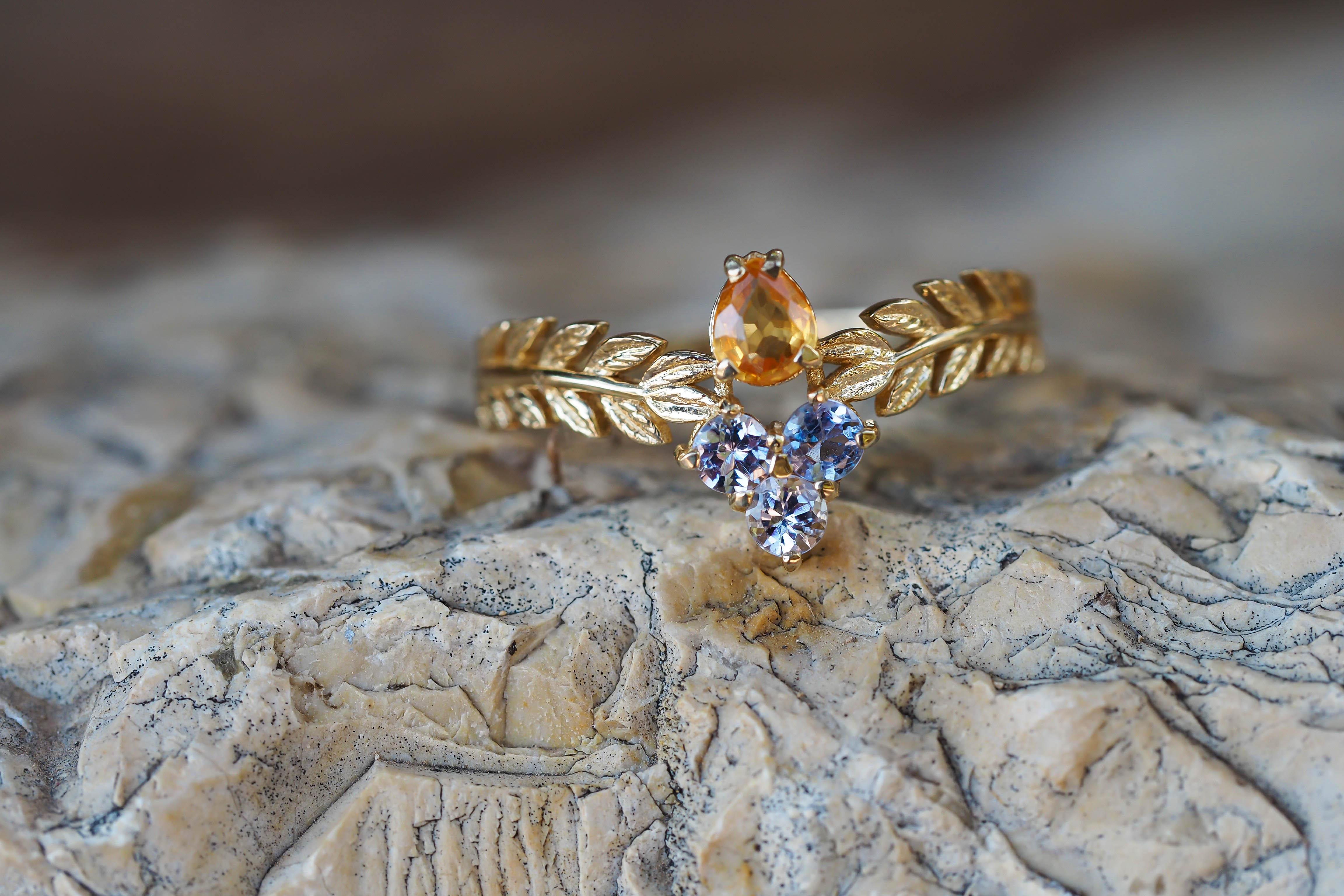 For Sale:  Yellow Sapphire 14k Gold Ring, Olive Leaves Gold Ring 12