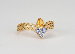 Anello con zaffiro giallo in oro 14k, anello con foglie d'ulivo in oro