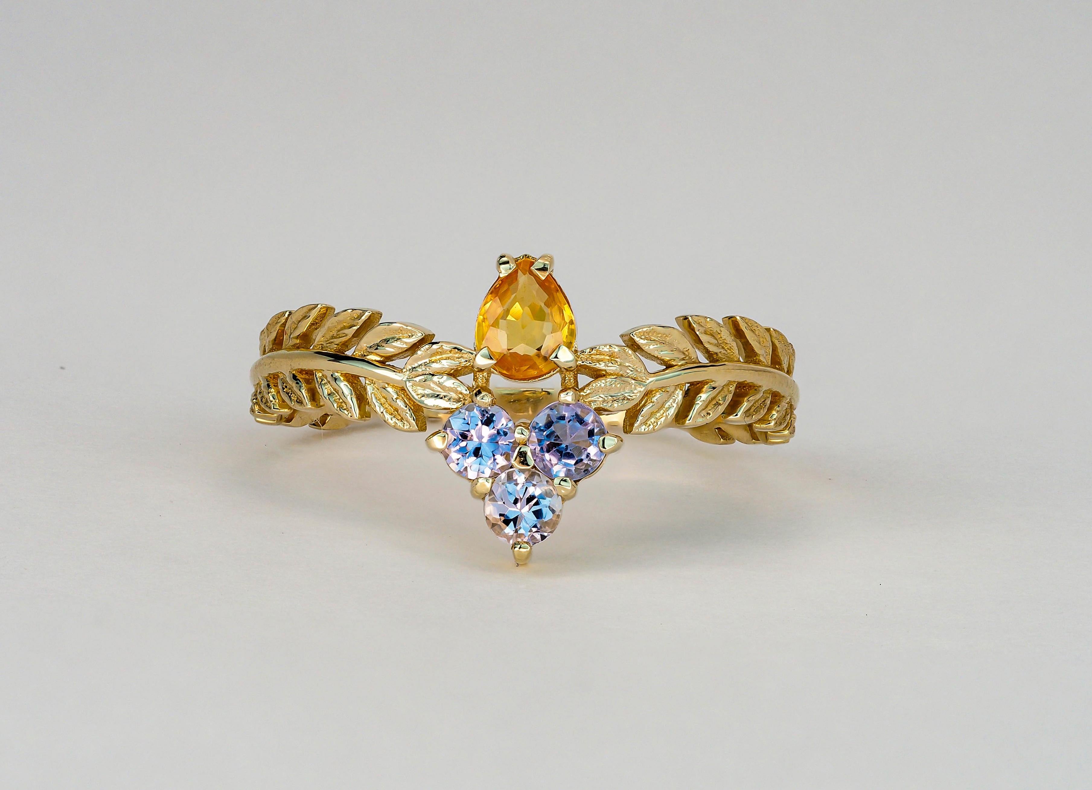 For Sale:  Yellow Sapphire 14k Gold Ring, Olive Leaves Gold Ring 3