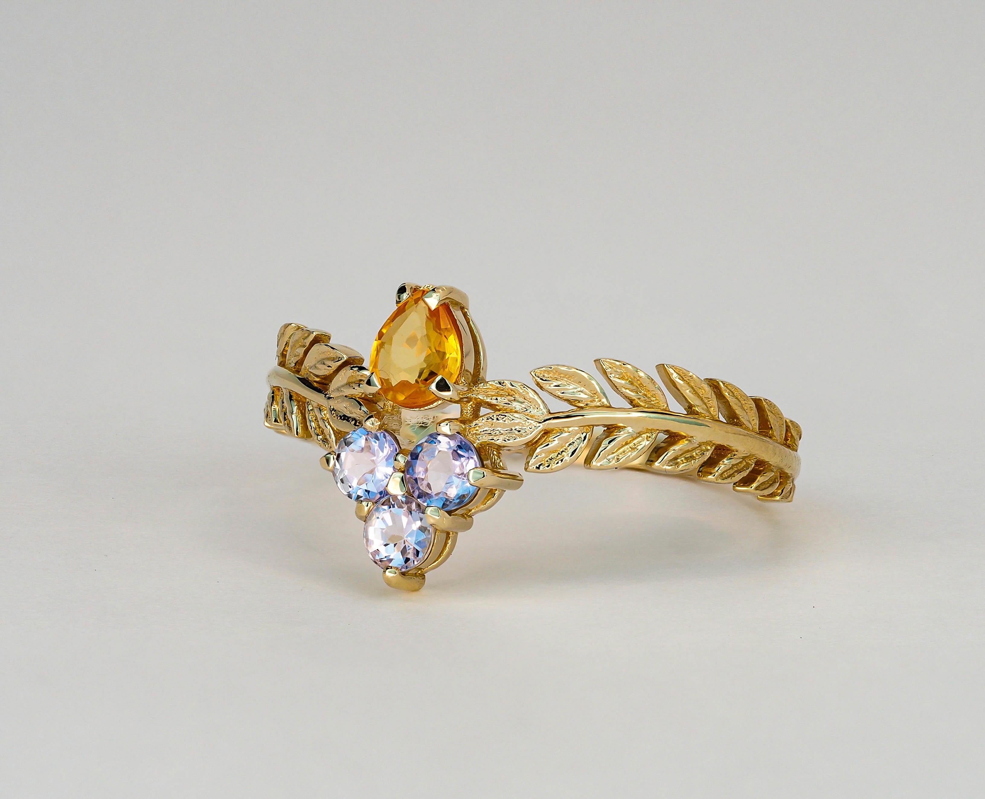 For Sale:  Yellow Sapphire 14k Gold Ring, Olive Leaves Gold Ring 4