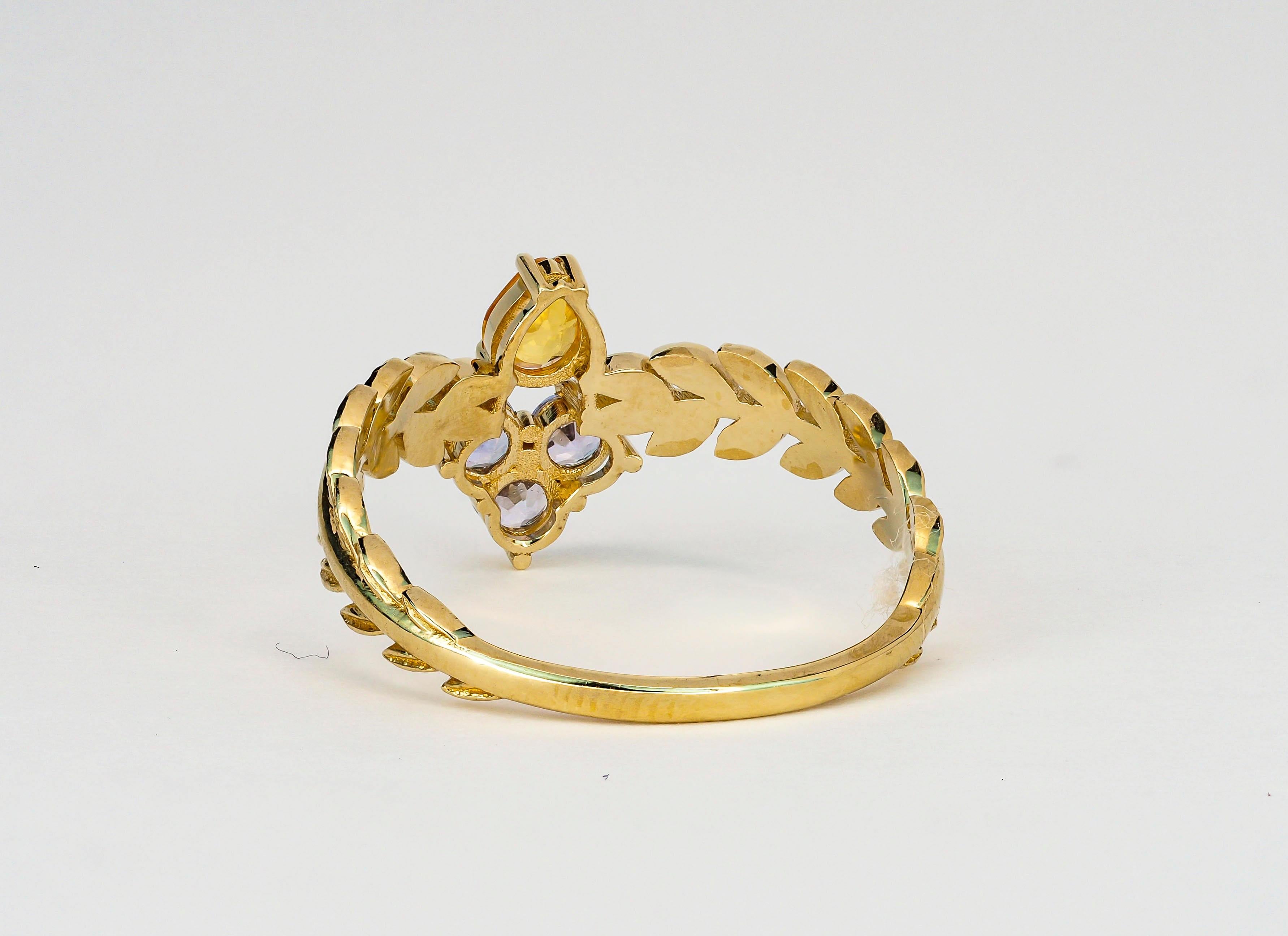 En vente :  Bague en or 14 carats avec saphir jaune et feuilles d'olivier 5