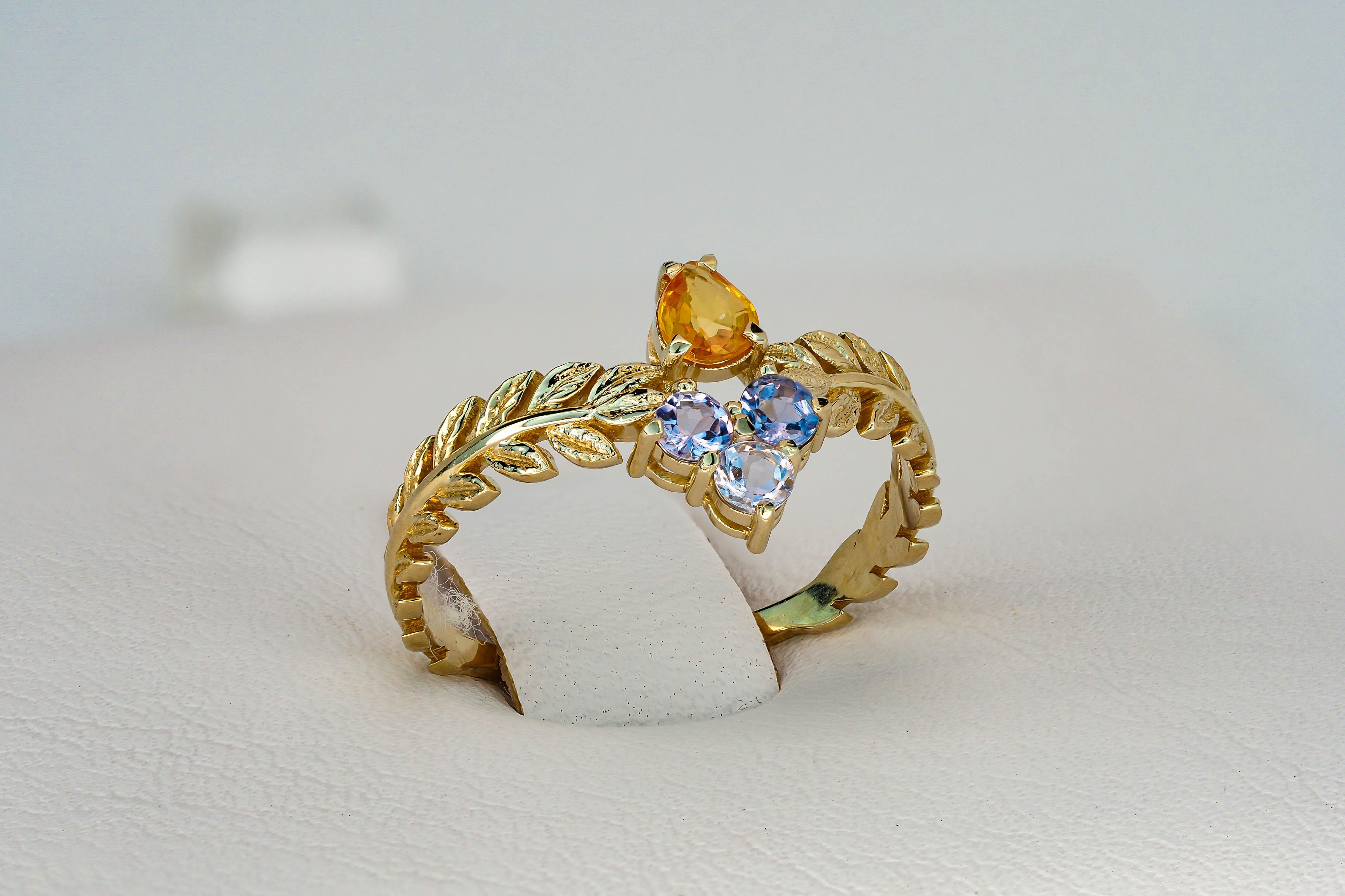 For Sale:  Yellow Sapphire 14k Gold Ring, Olive Leaves Gold Ring 6