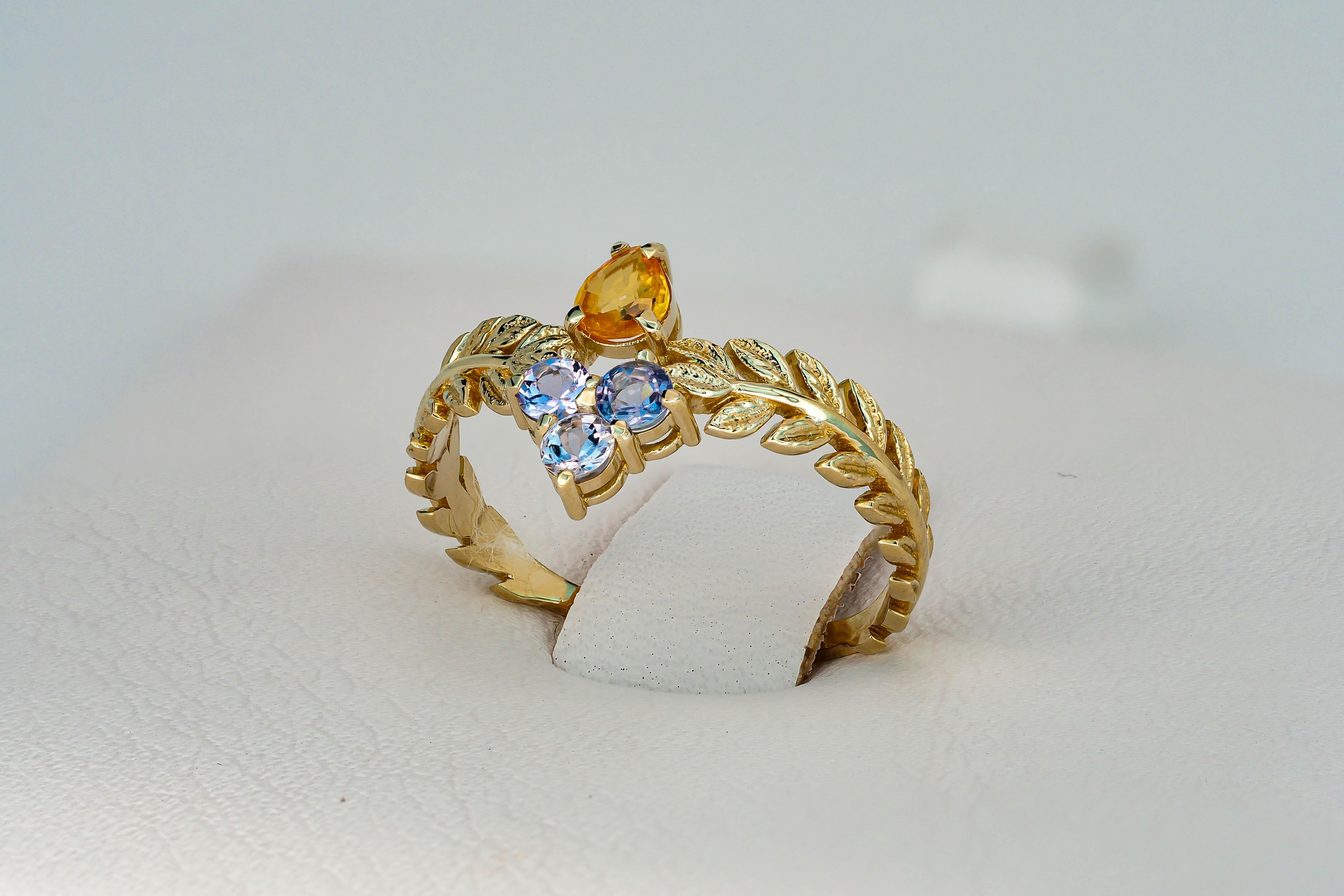 For Sale:  Yellow Sapphire 14k Gold Ring, Olive Leaves Gold Ring 7