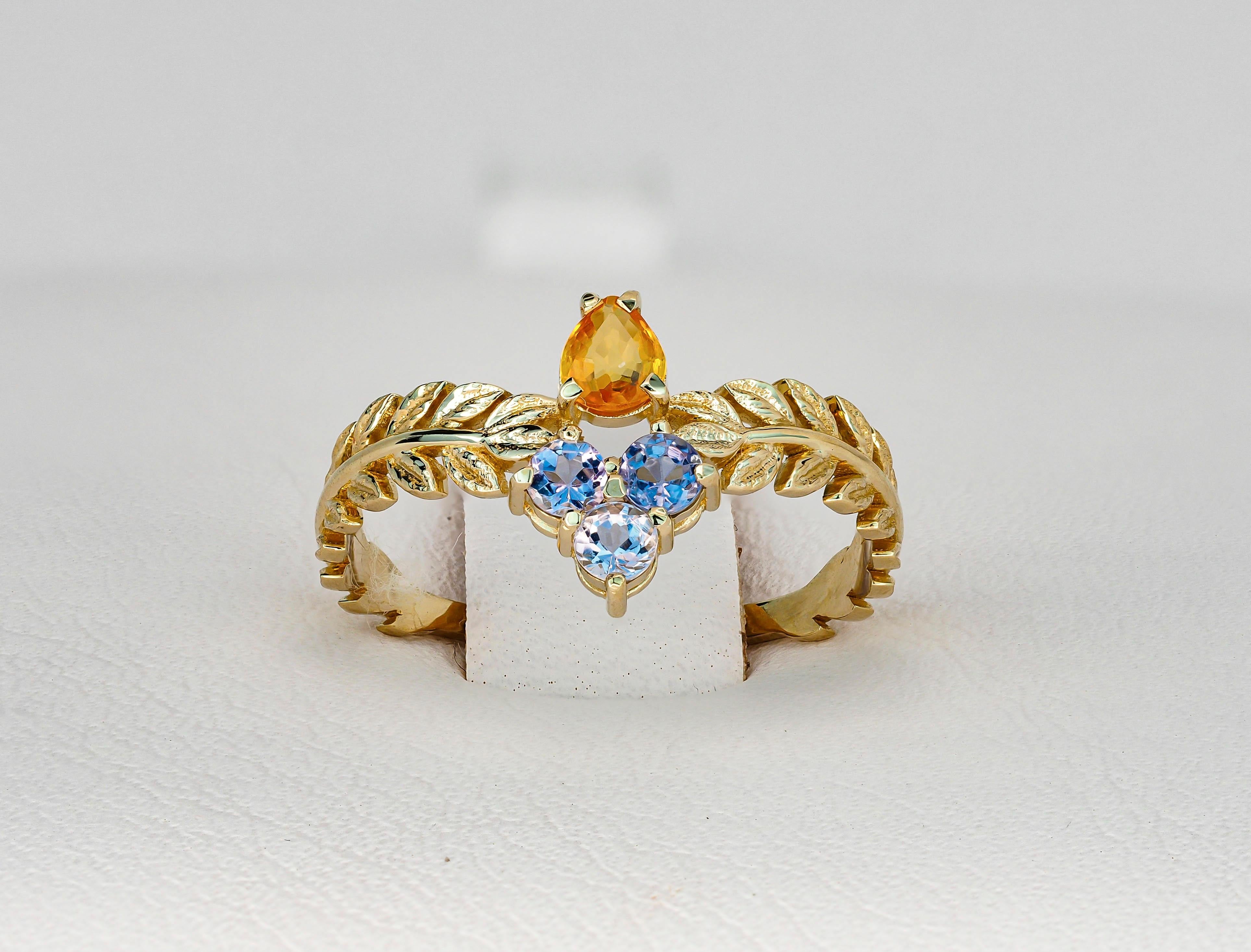 For Sale:  Yellow Sapphire 14k Gold Ring, Olive Leaves Gold Ring 8