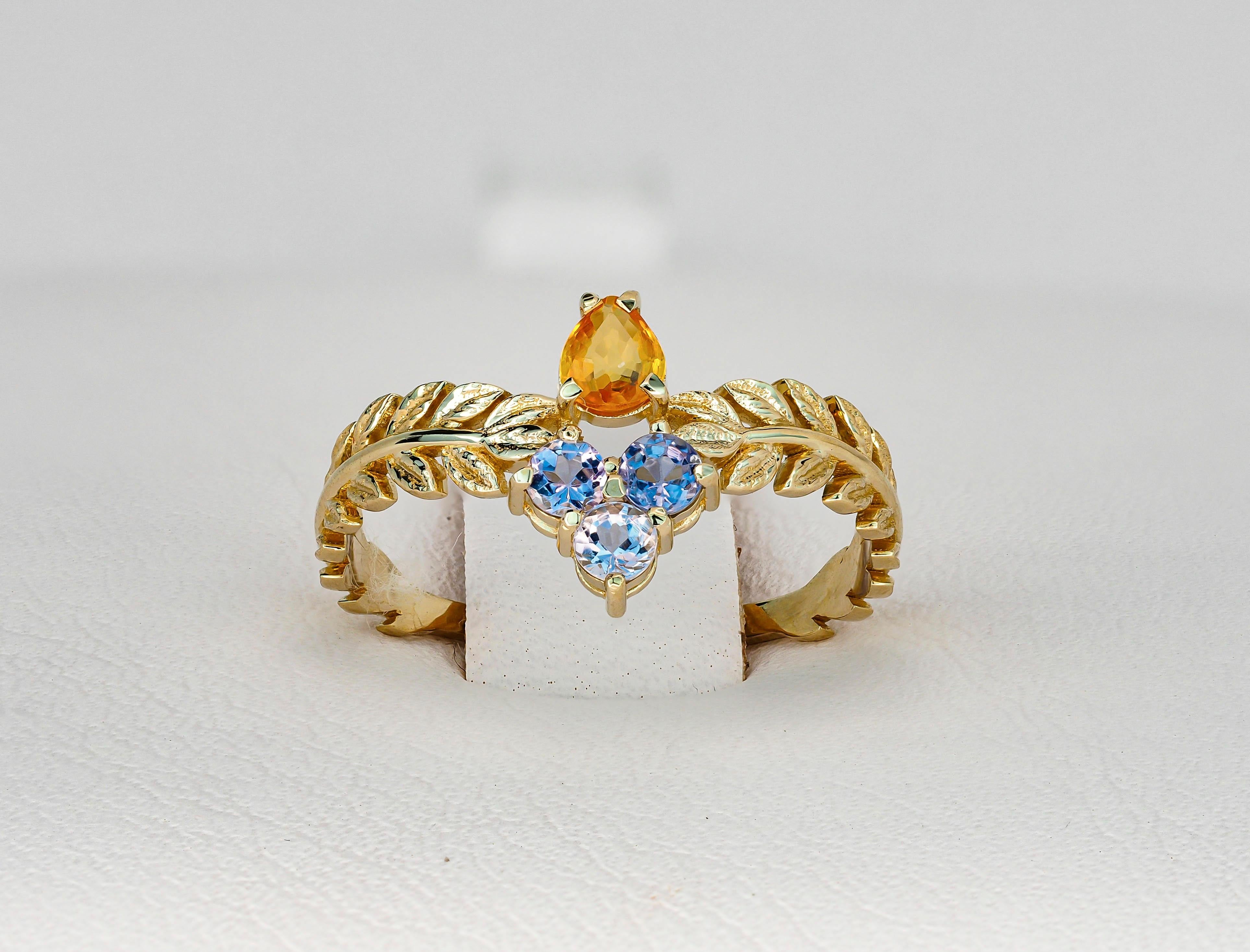 En vente :  Bague en or 14 carats avec saphir jaune et feuilles d'olivier 8