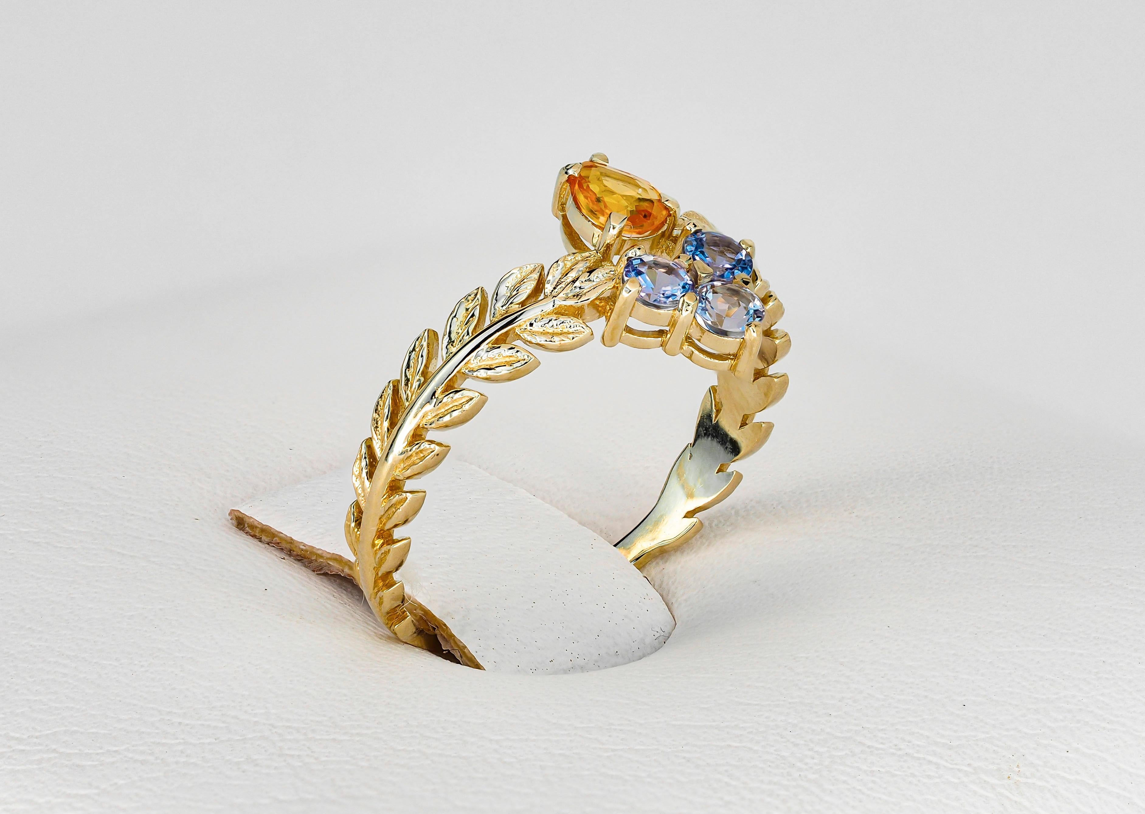For Sale:  Yellow Sapphire 14k Gold Ring, Olive Leaves Gold Ring 9