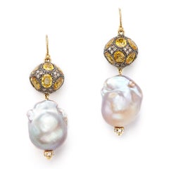 Susan Lister Locke 15 Carat Yellow Sapphire & Freshwater Baroque Pearl Earrings