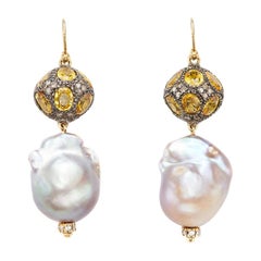 Susan Lister Locke 15 Carat Yellow Sapphire & Freshwater Baroque Pearl Earrings