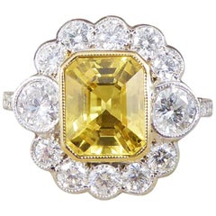 Yellow Sapphire 2.96 Carat and Diamond 18 Carat White Gold Cluster Ring