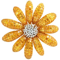 Yellow Sapphire Invisible Setting with Diamond Flower Brooch in 18k Gold 
