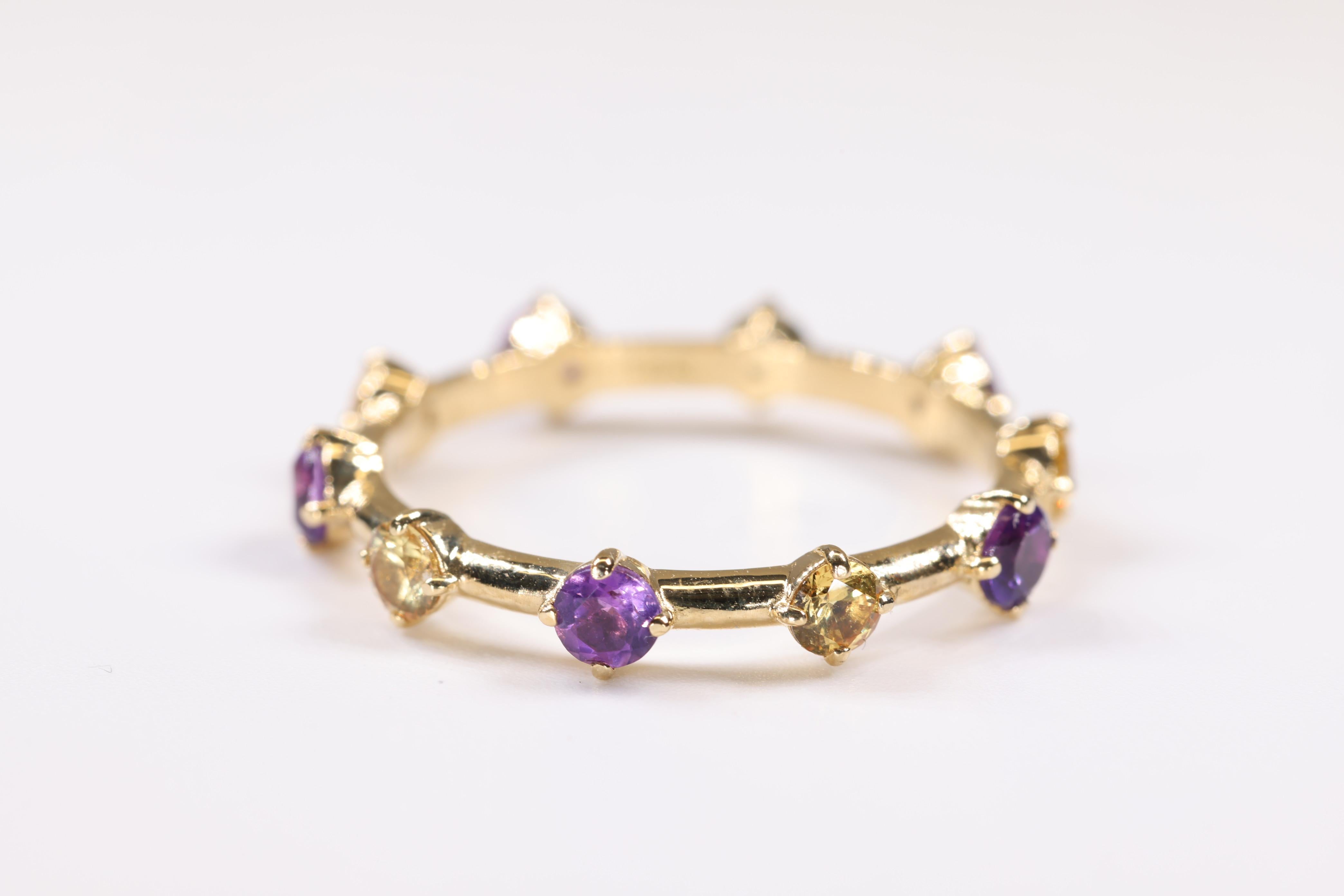 Contemporary Yellow Sapphire and Amethyst Multi Stone Stackable 18K Yellow Gold Ring For Sale