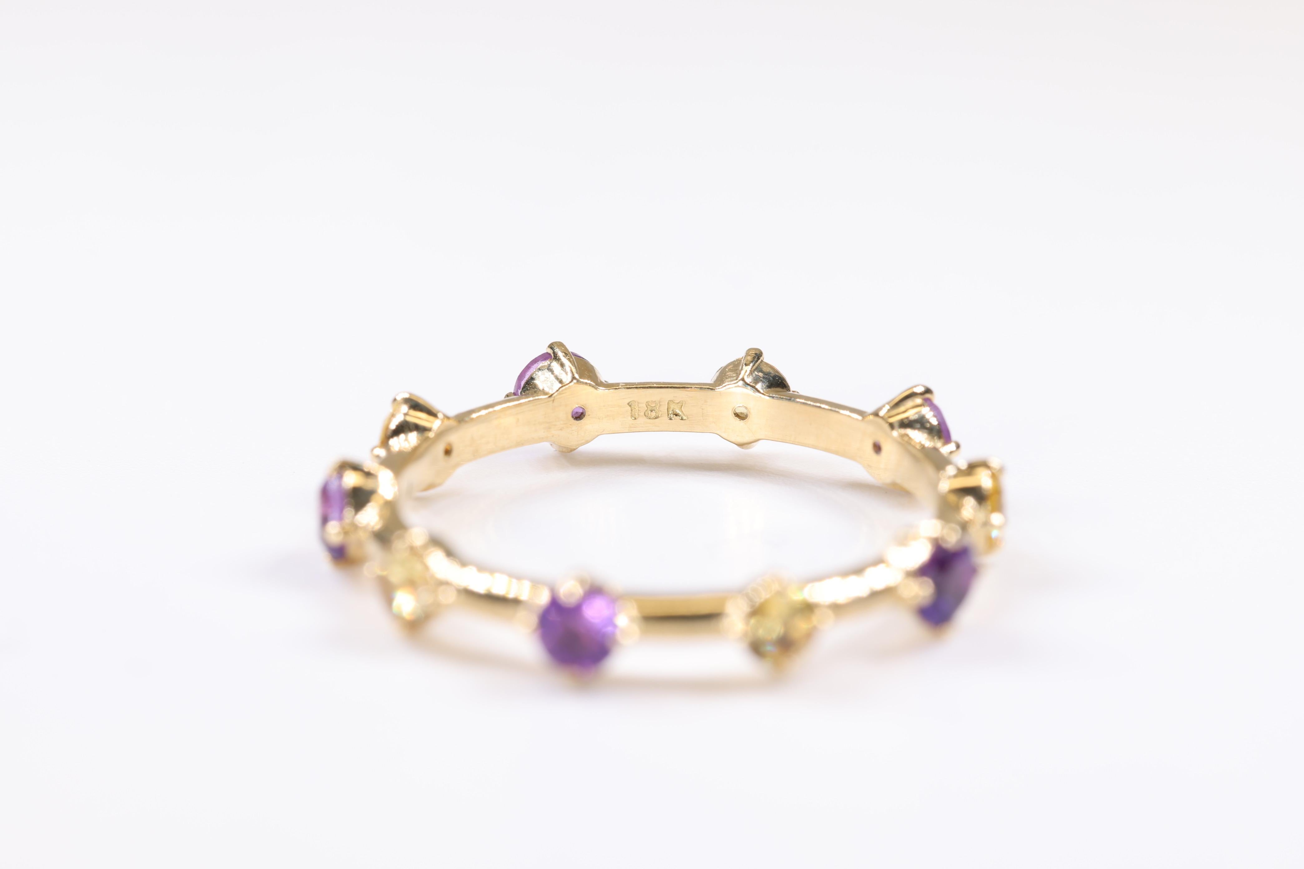 Round Cut Yellow Sapphire and Amethyst Multi Stone Stackable 18K Yellow Gold Ring For Sale