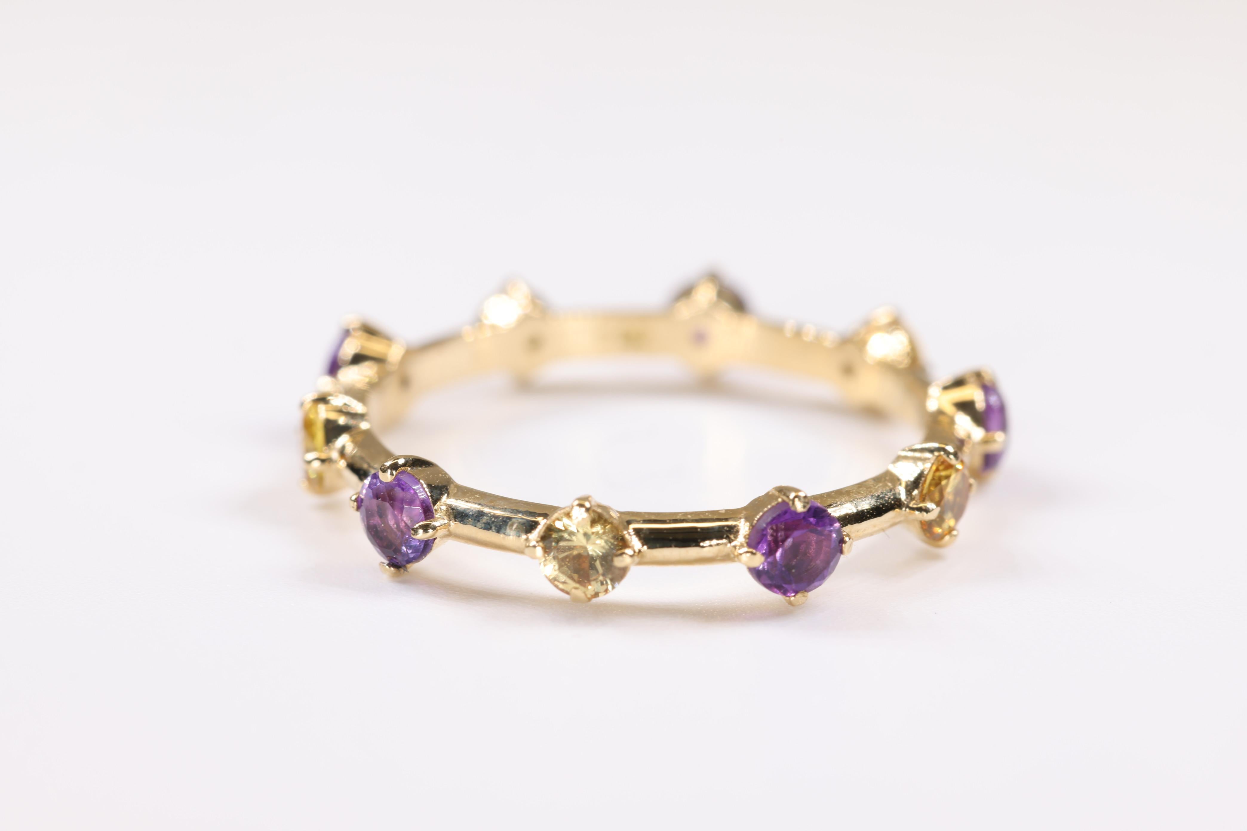 Women's or Men's Yellow Sapphire and Amethyst Multi Stone Stackable 18K Yellow Gold Ring For Sale