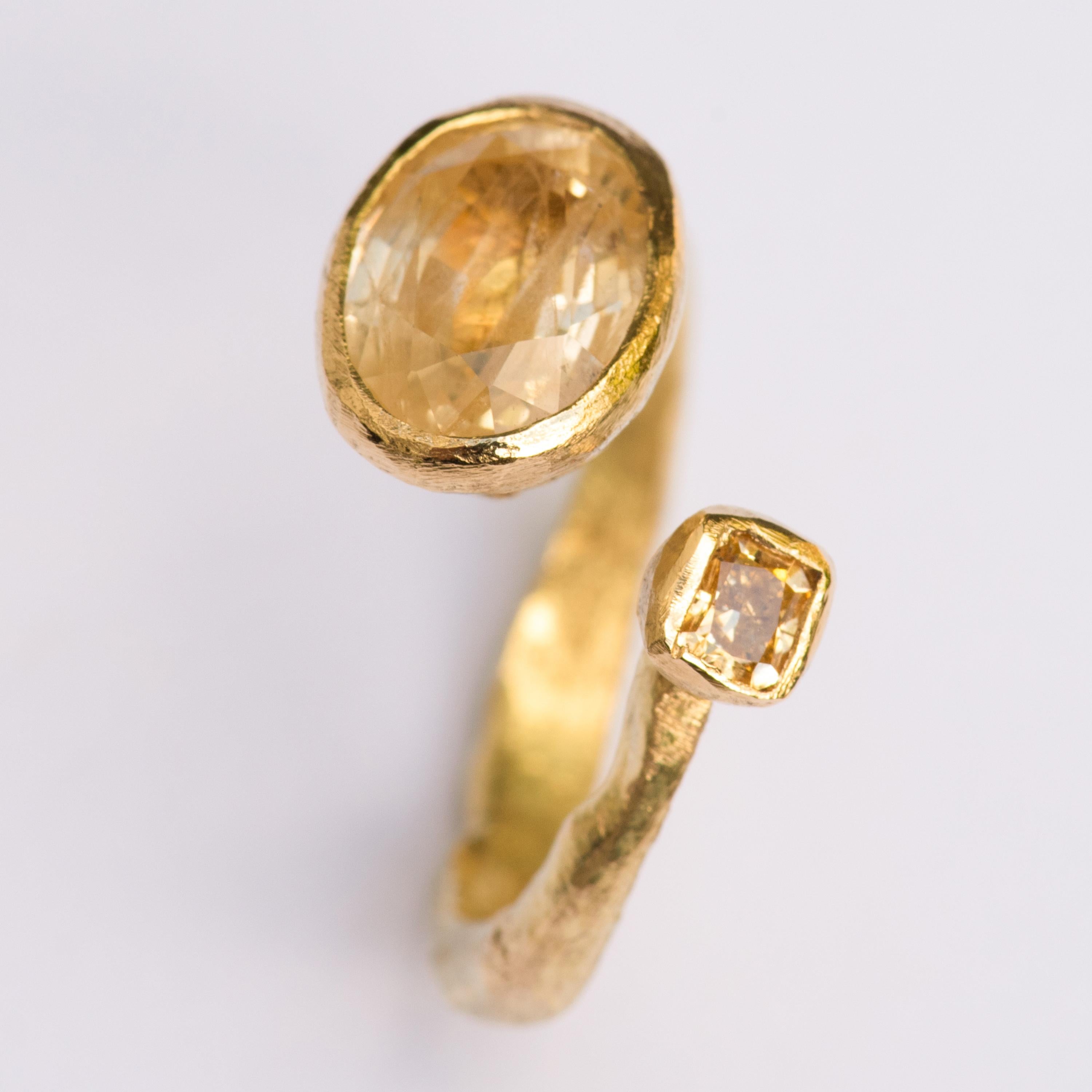 Contemporary Yellow Sapphire and Diamond 18 Karat Gold Handmade Ring by Disa Allsopp For Sale