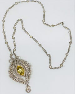 Yellow Sapphire and Diamond 1890's Estate Pendant Necklace/Brooch in Platinum