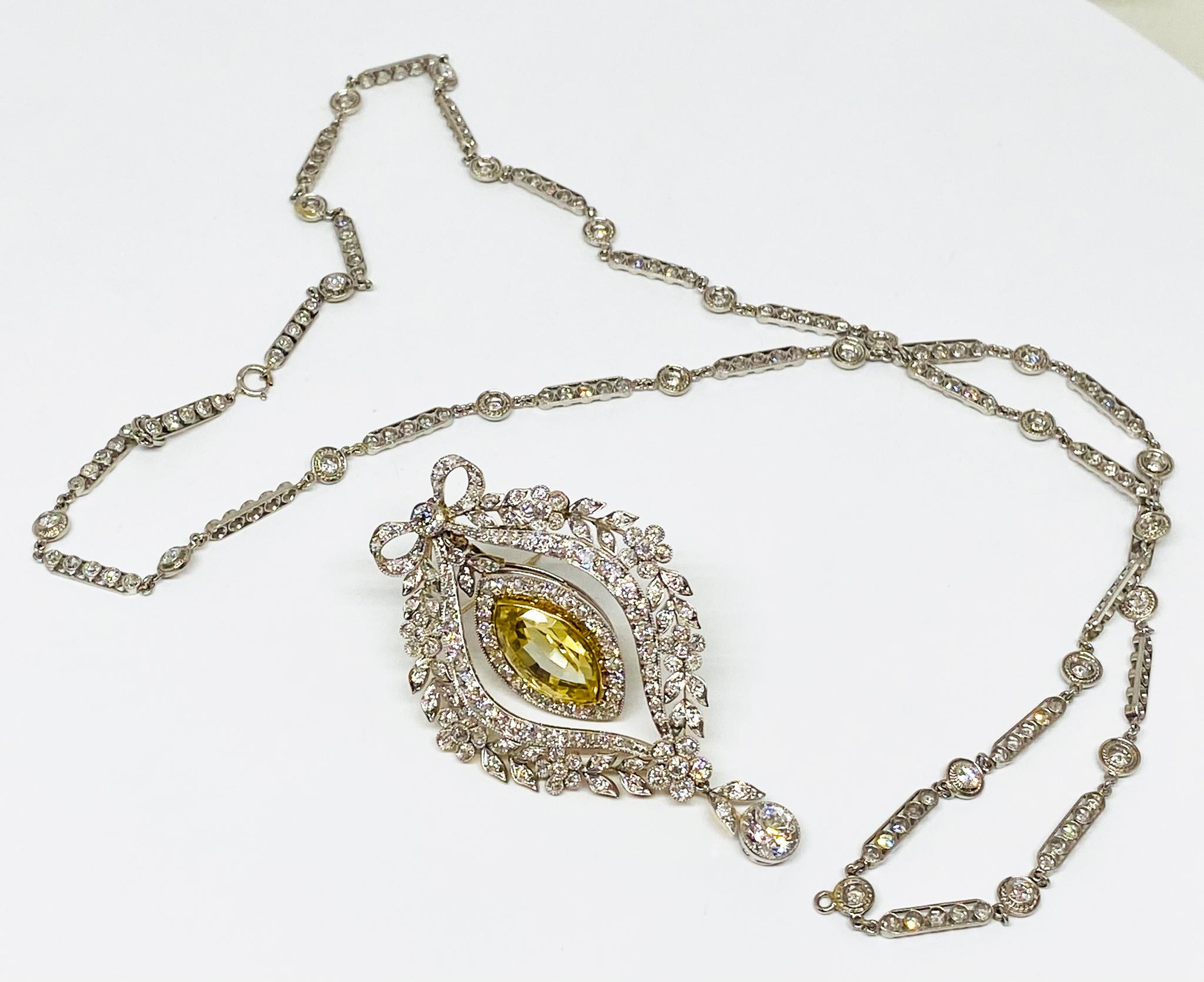 Edwardian Yellow Sapphire and Diamond 1890's Estate Pendant Necklace/Brooch in Platinum For Sale