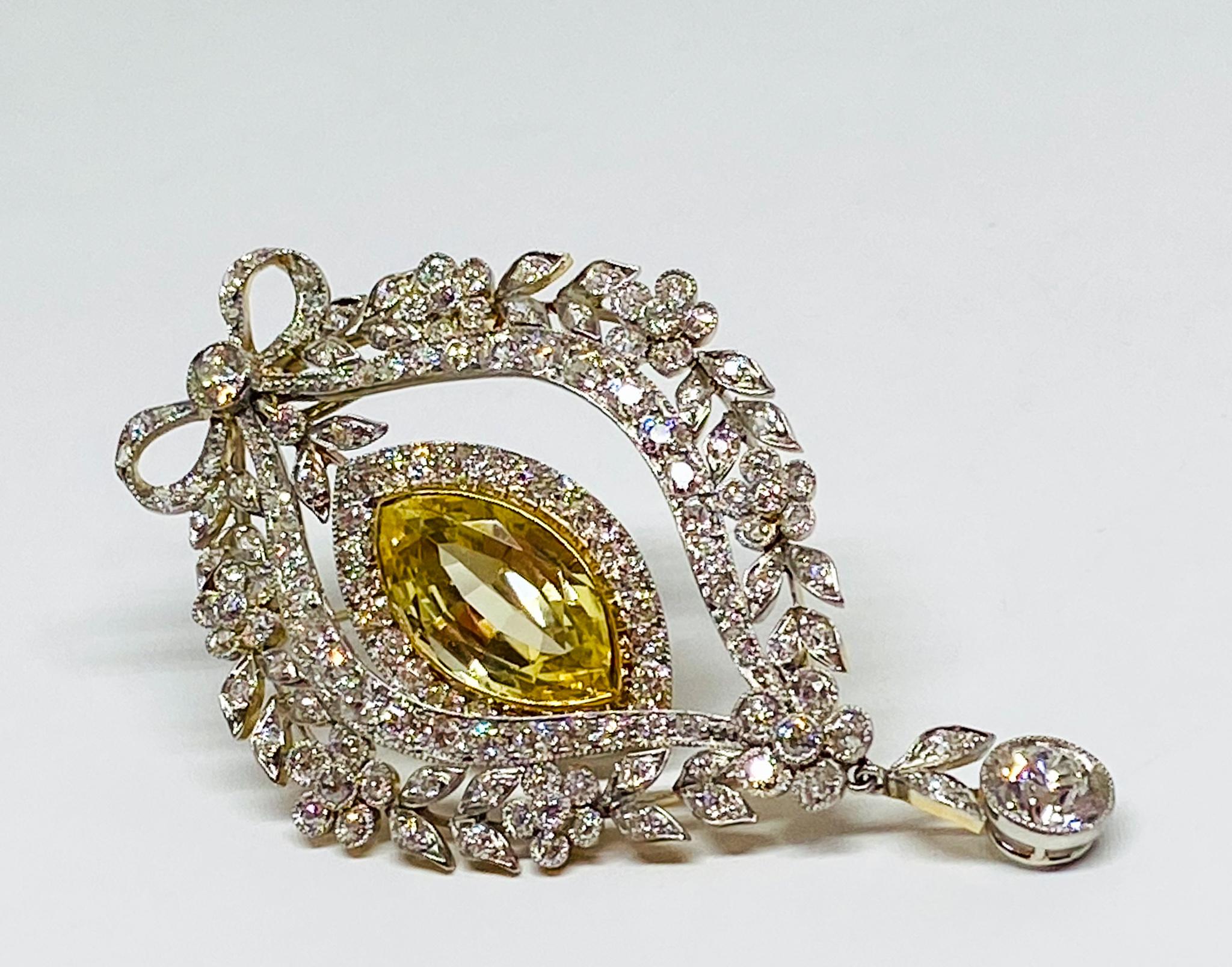 Yellow Sapphire and Diamond 1890's Estate Pendant Necklace/Brooch in Platinum In Excellent Condition For Sale In Houston, TX